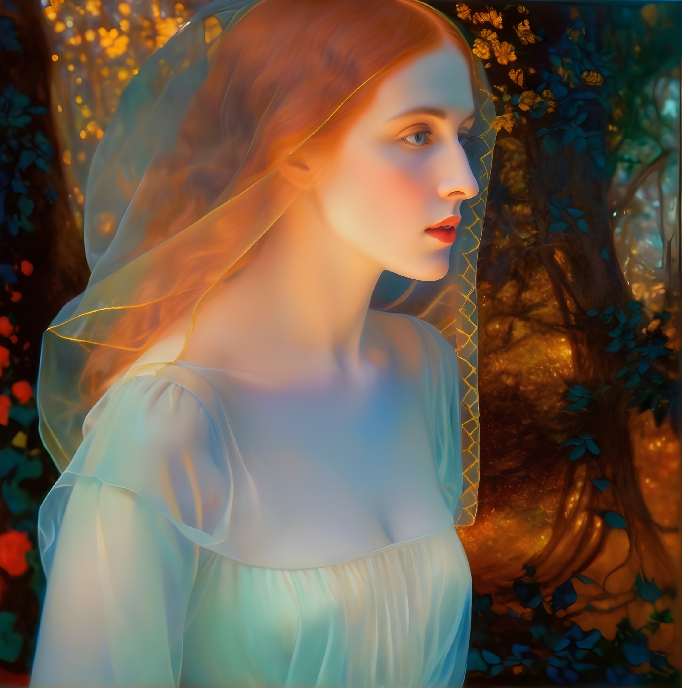 Young woman in ethereal dress in magical forest setting