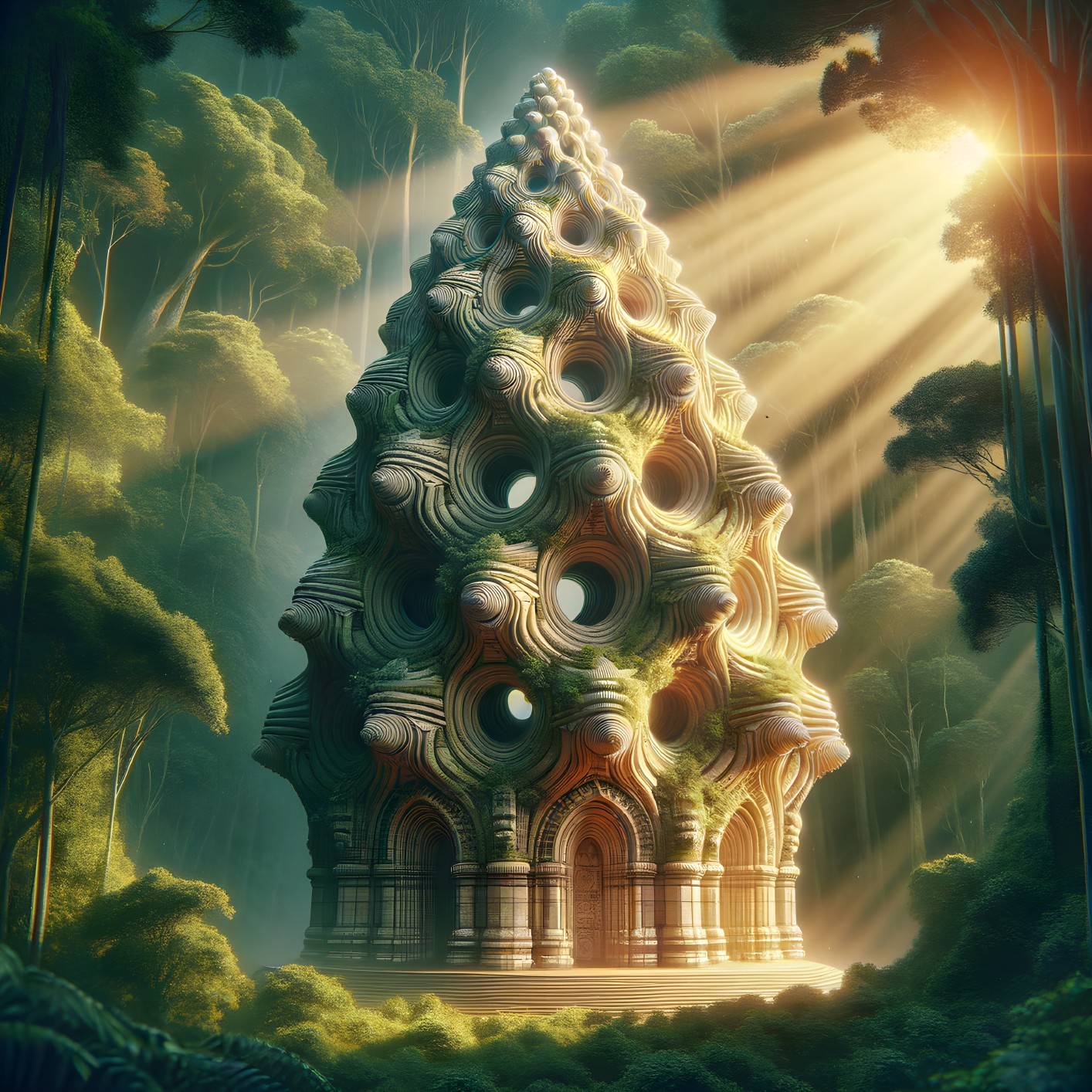 Spiraling futuristic tower in lush forest under ethereal sunlight