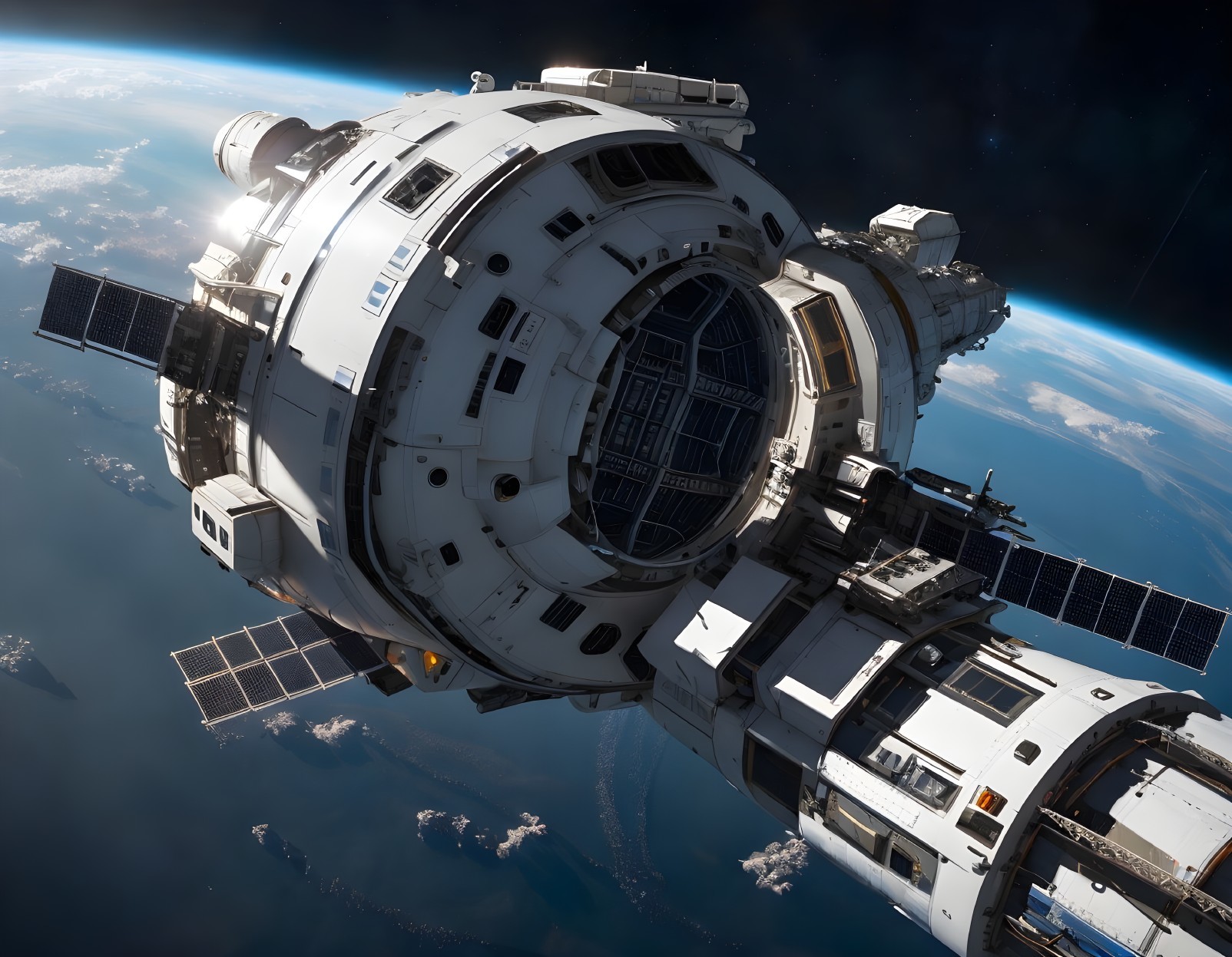 Futuristic space station orbiting Earth with solar panels and airlock