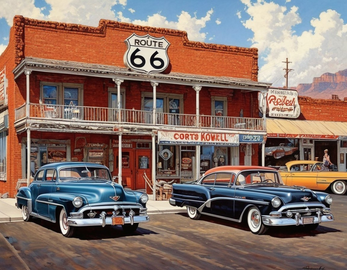 Classic Route 66 Roadside Scene with Vintage Cars