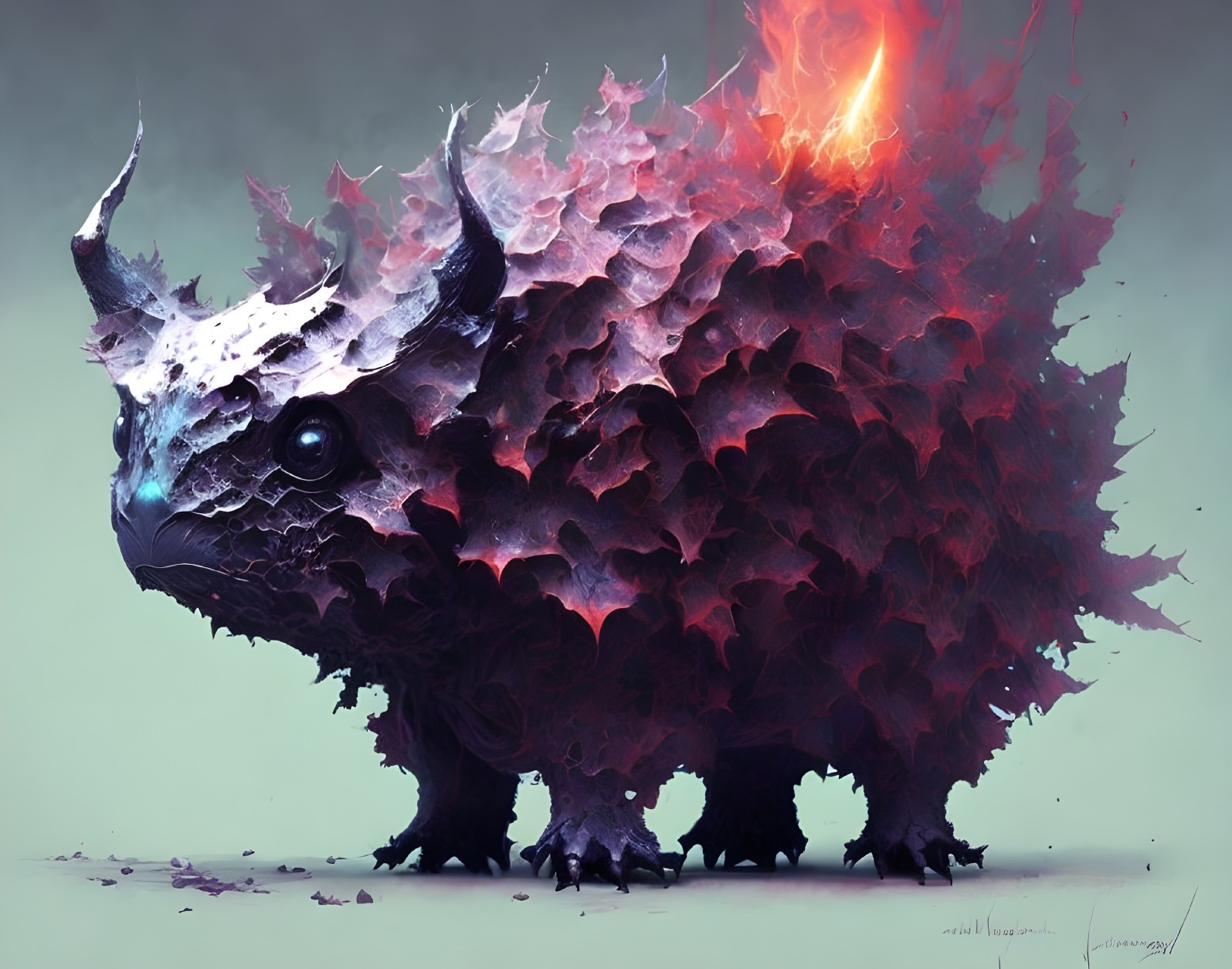 Horned porcupine-like fantasy creature with fiery texture on green background