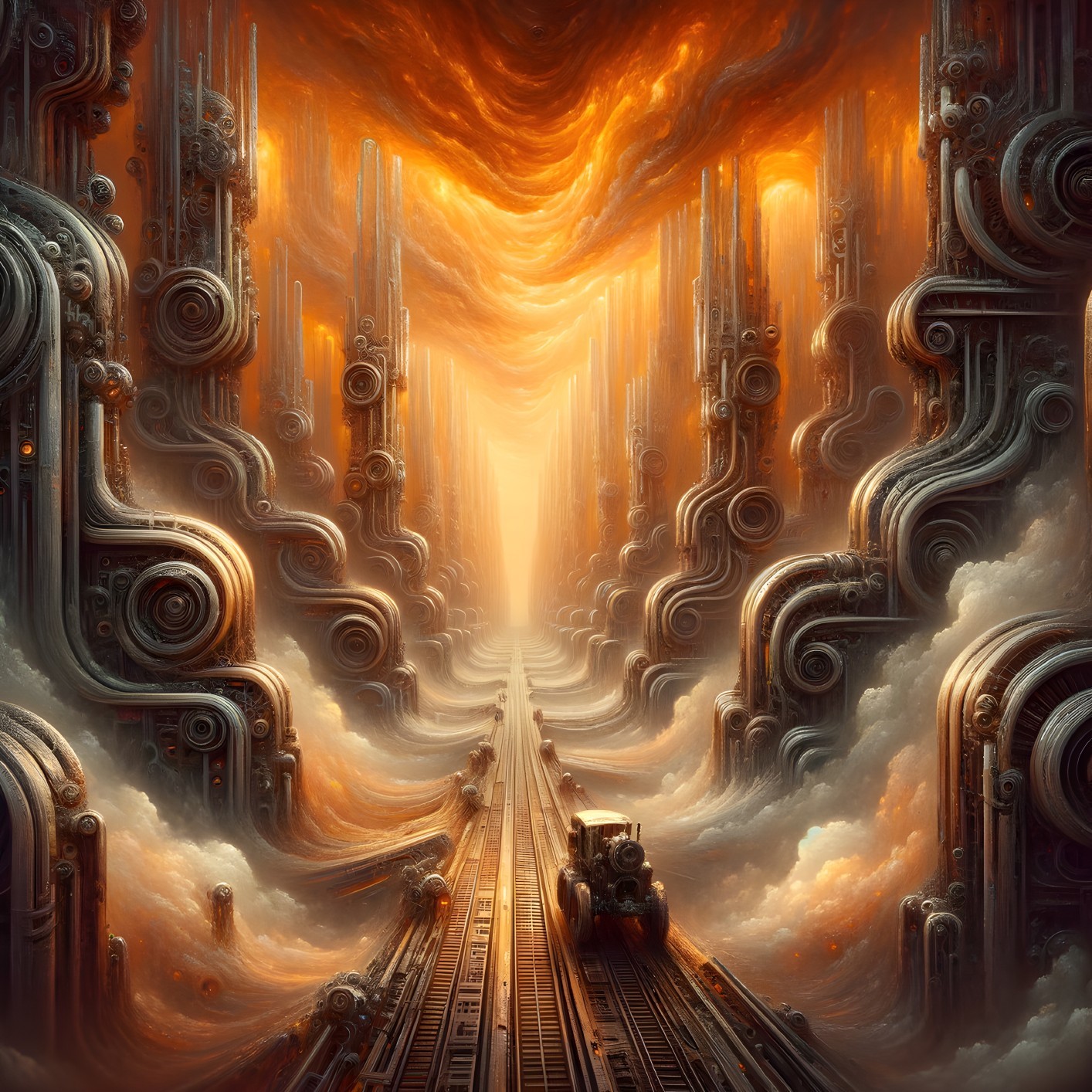 Steam train in industrial gear canyon with radiant light