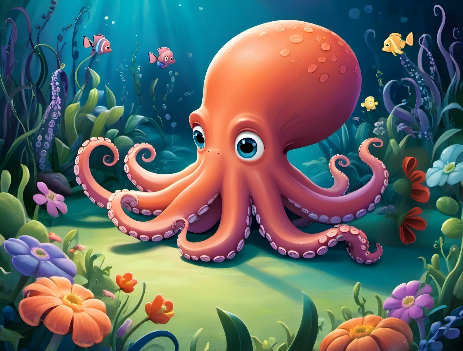 Cartoon Octopus Surrounded by Vibrant Underwater Flora