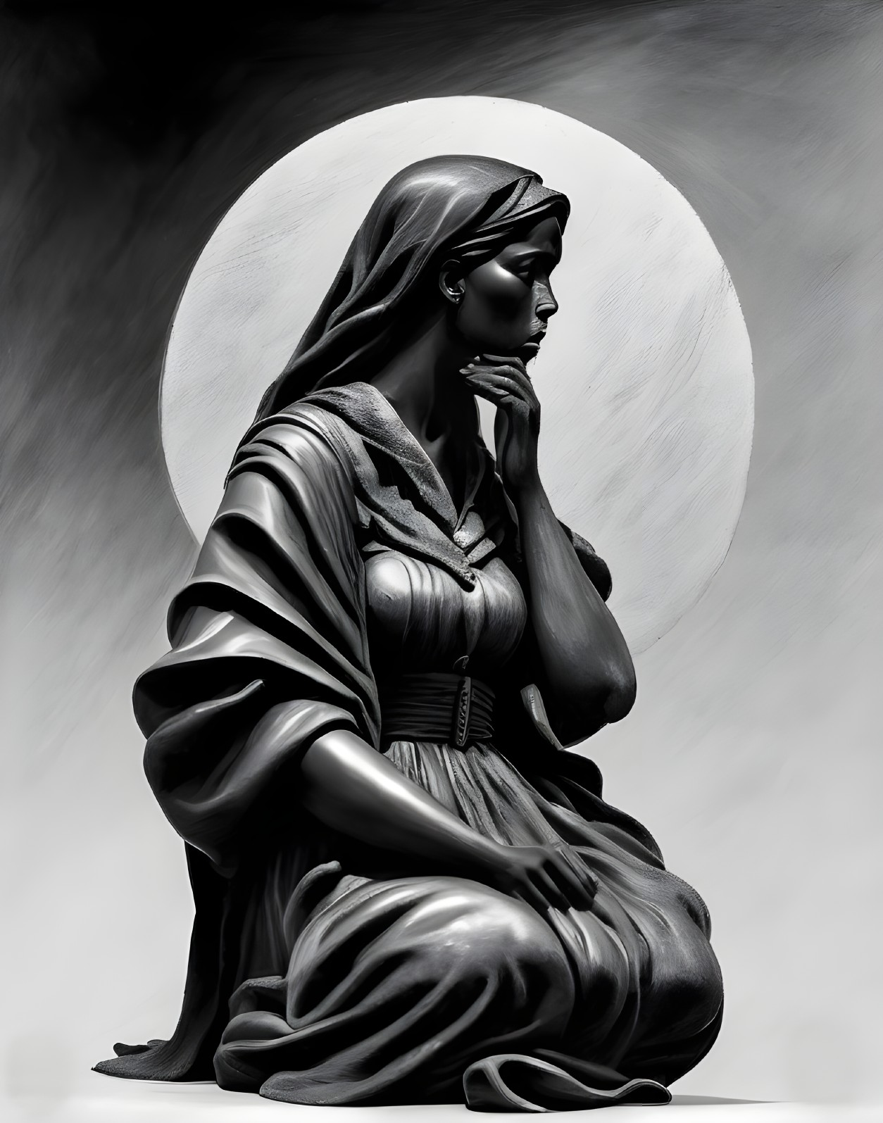 Sculpture of a Contemplative Woman in Serene Setting