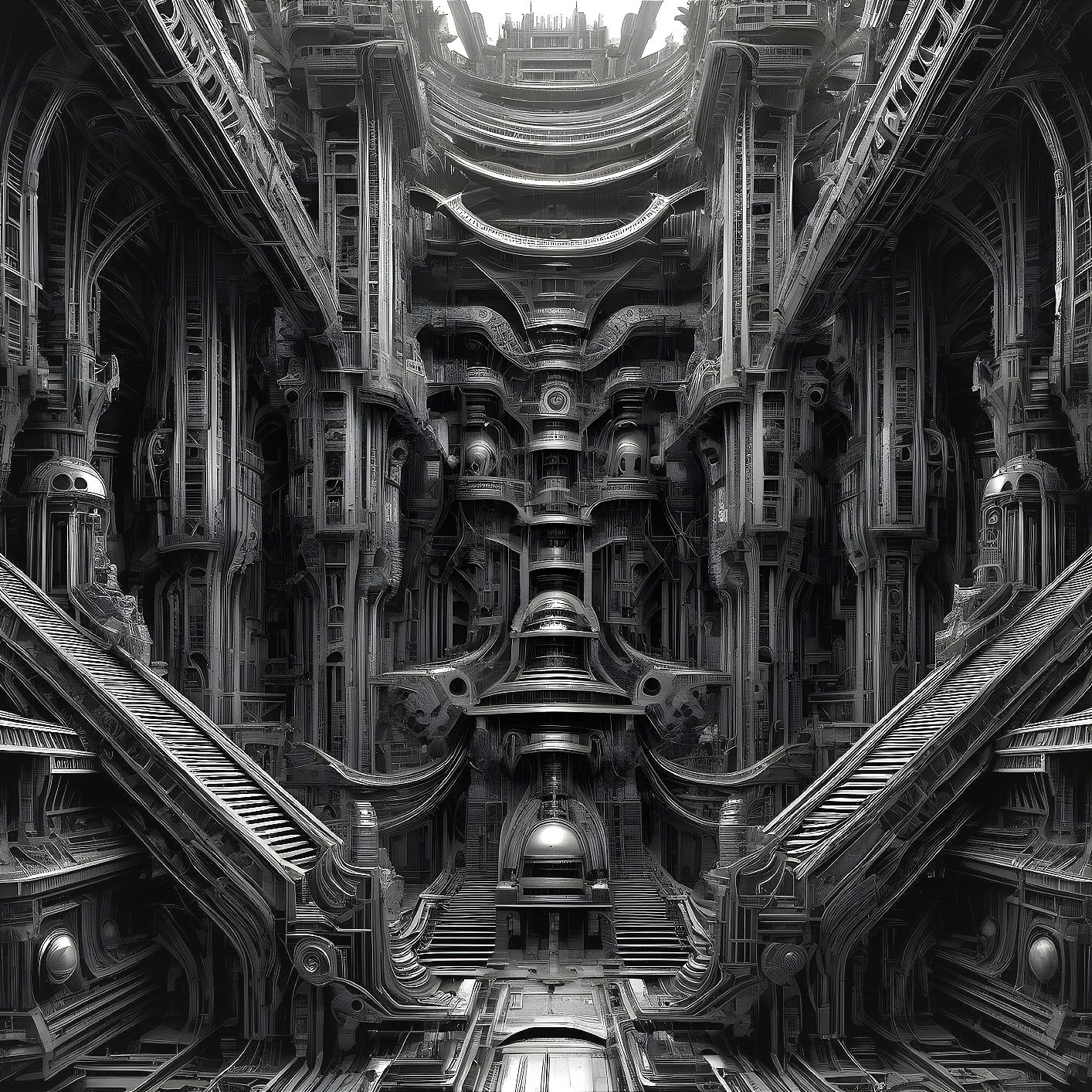 Symmetrical Monochromatic Sci-Fi Structure with Mechanical Details