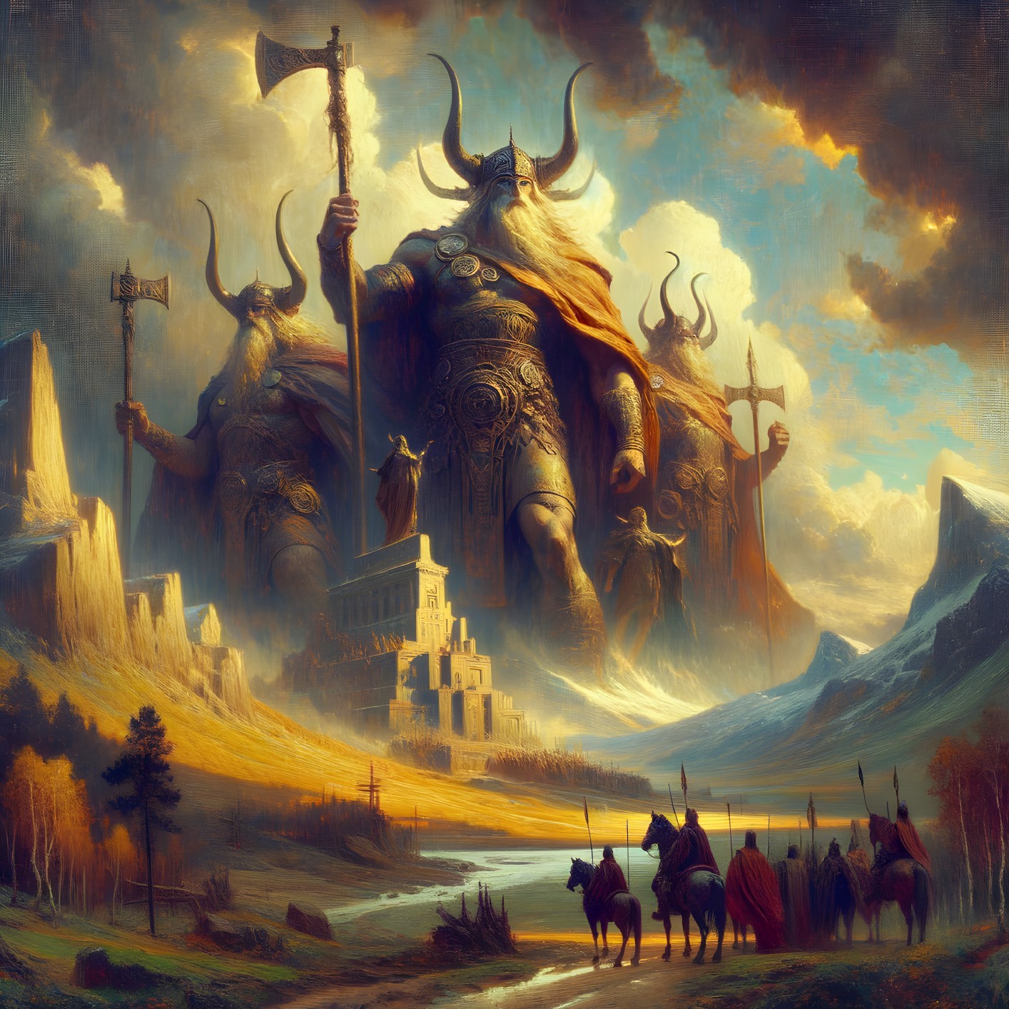 Armored Warriors and Colossal Figure in Epic Fantasy Scene