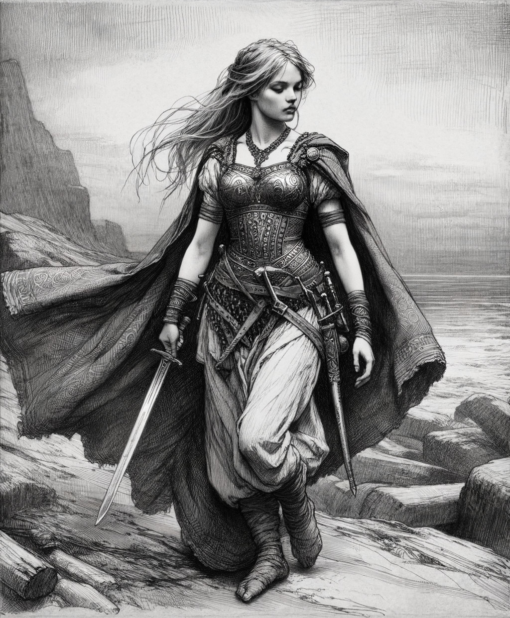 Warrior Woman in Armor on Rocky Shoreline