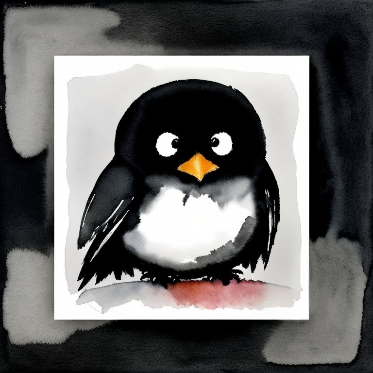 Watercolor Painting of a Cute Penguin on Gray Background