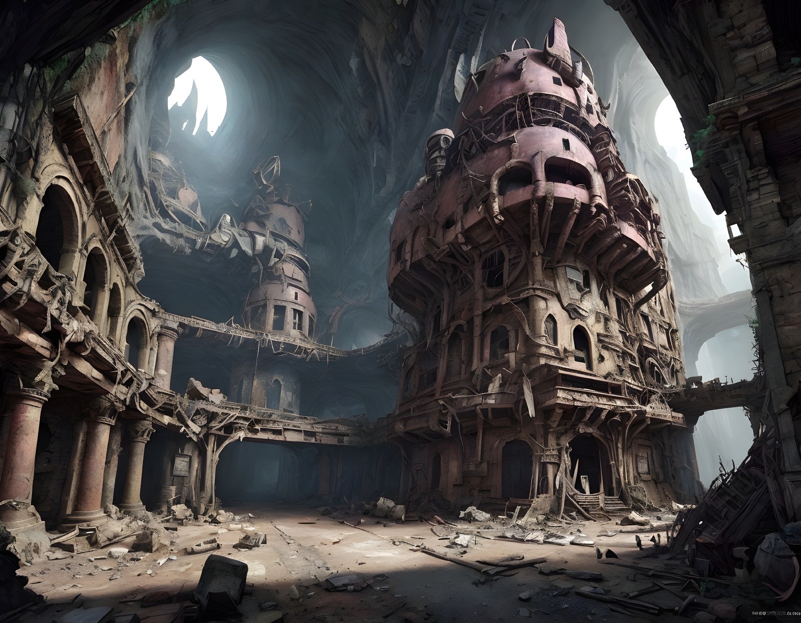 Abandoned Gothic-style hall with towering ruins and light casting on rubble