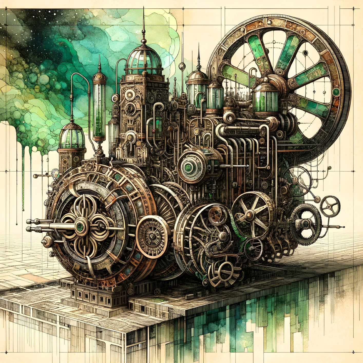 Steampunk Machinery with Gears and Dome-Topped Towers