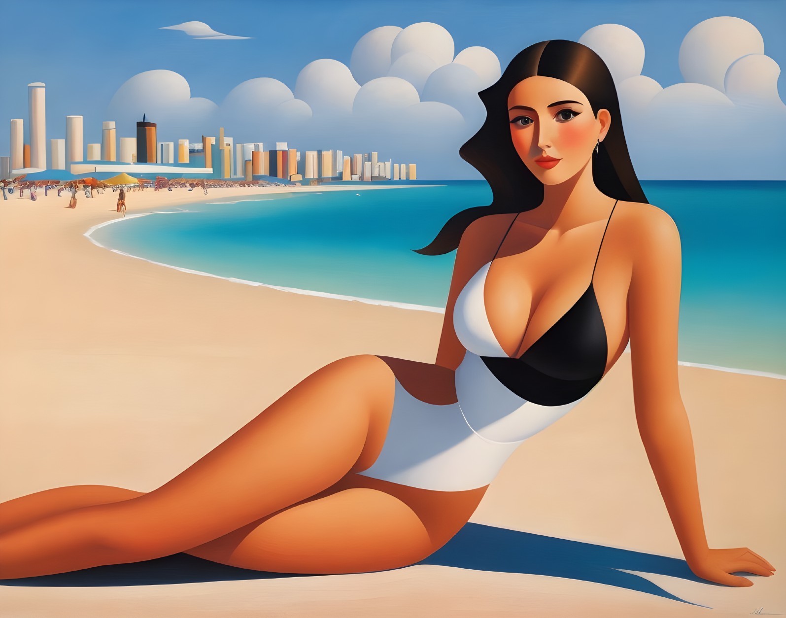 Stylized painting of woman in black and white swimsuit on sunny beach