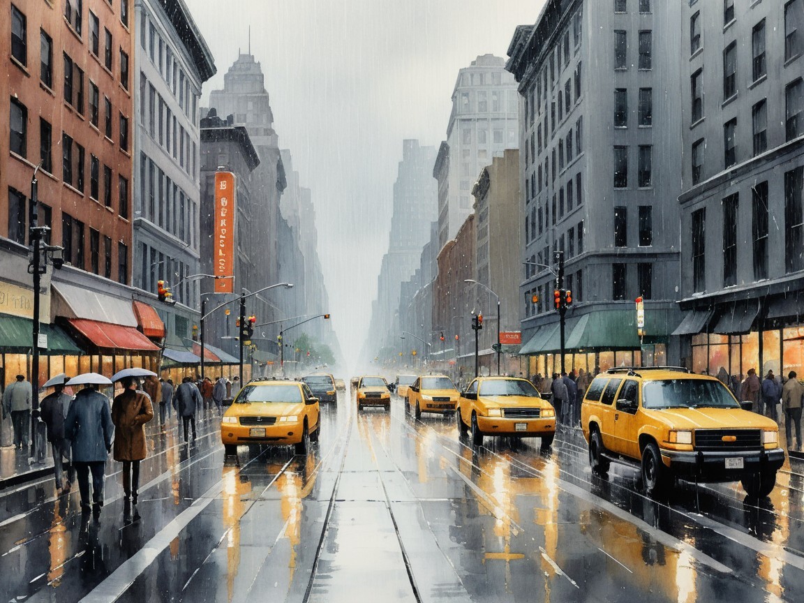 Rainy City Street with Yellow Taxis and Pedestrians