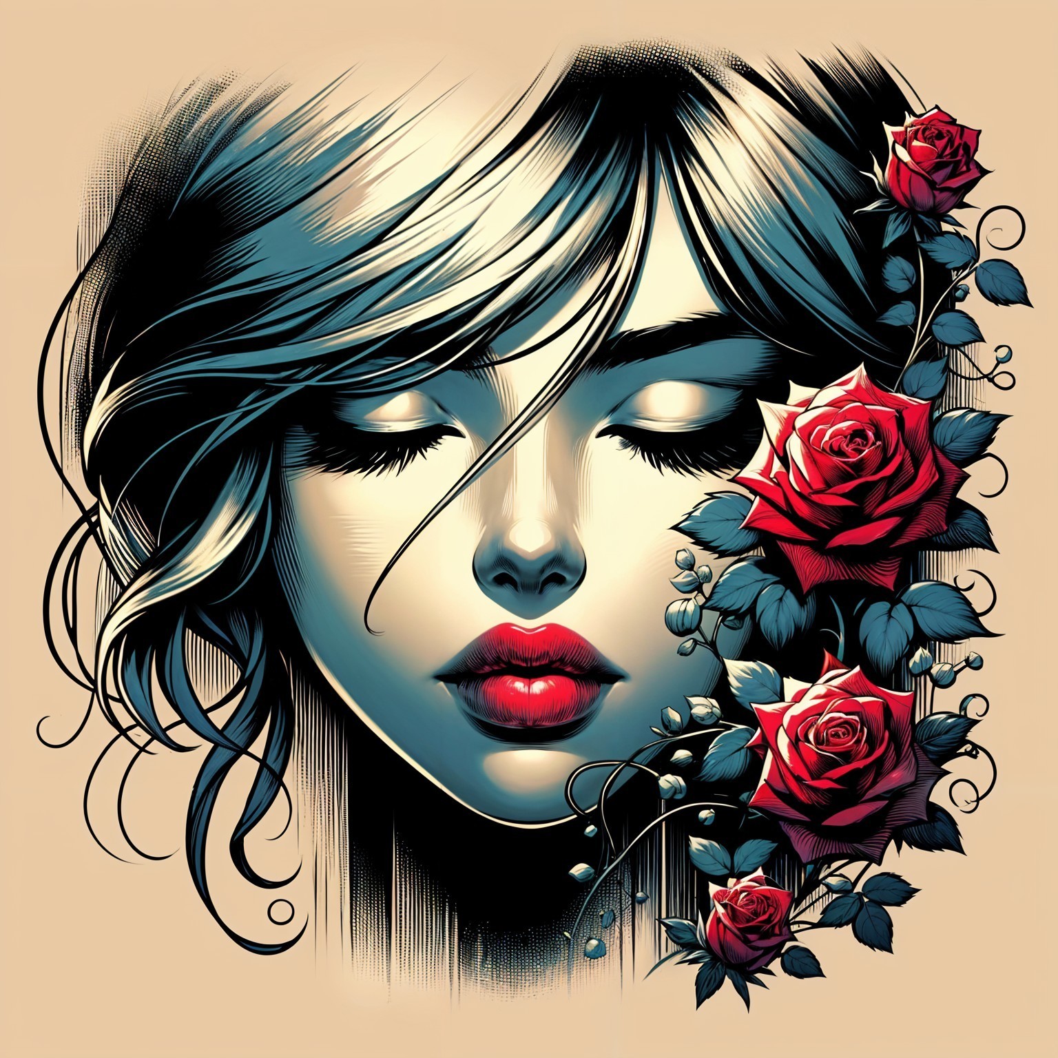 Stylized Portrait of Woman with Red Roses