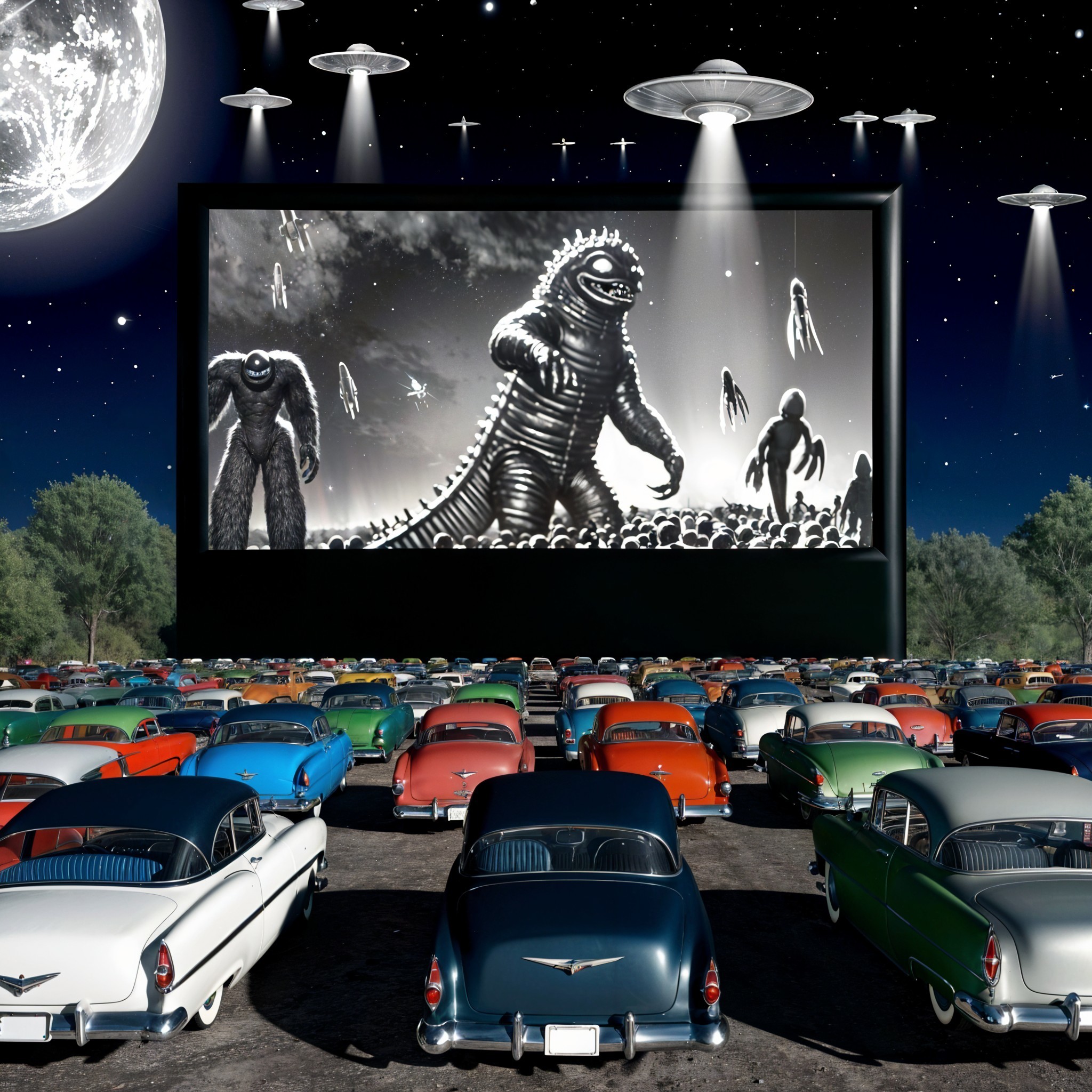 Vintage Drive-In Theater with Classic Cars and Monsters