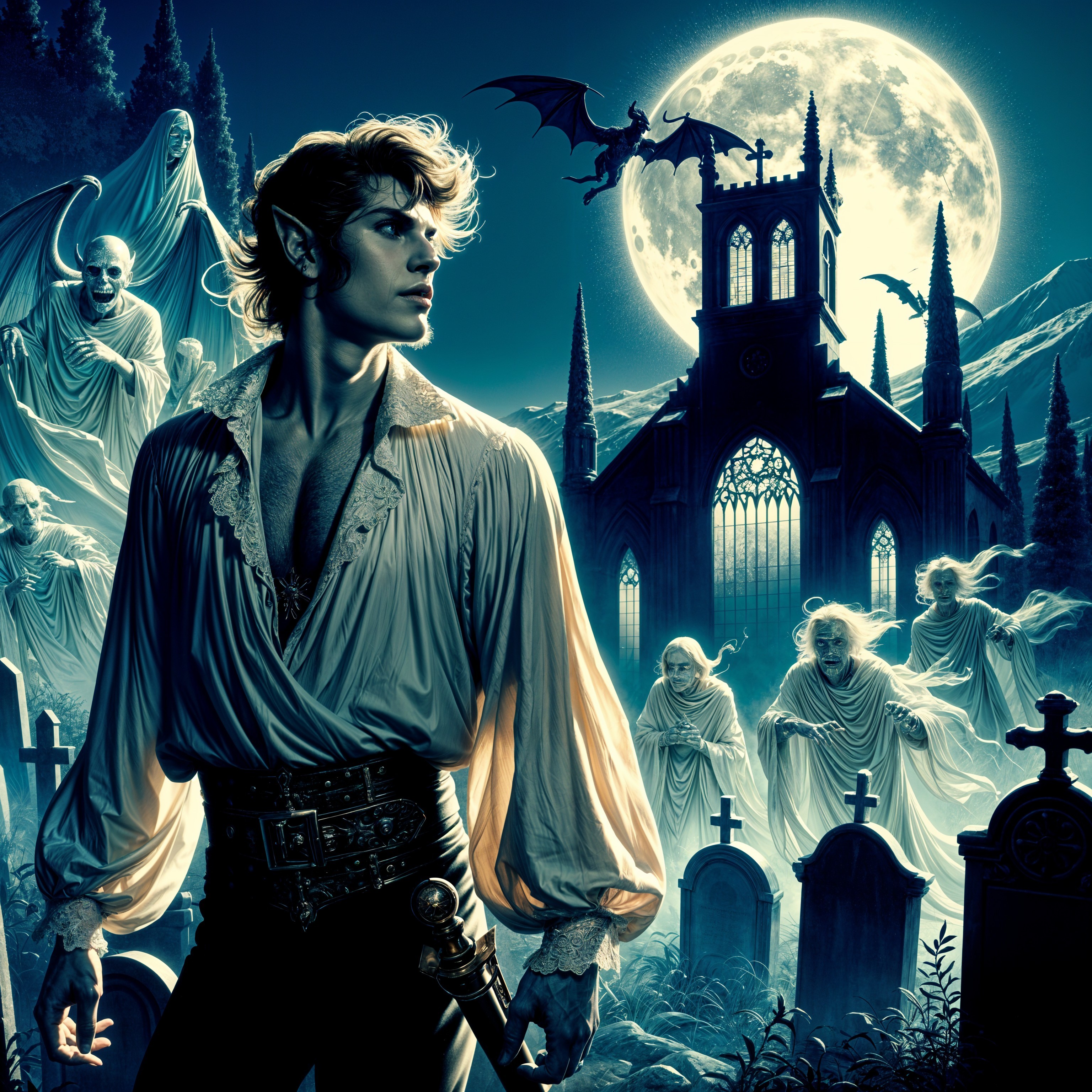 Elven Figure in Moonlit Graveyard with Gothic Cathedral