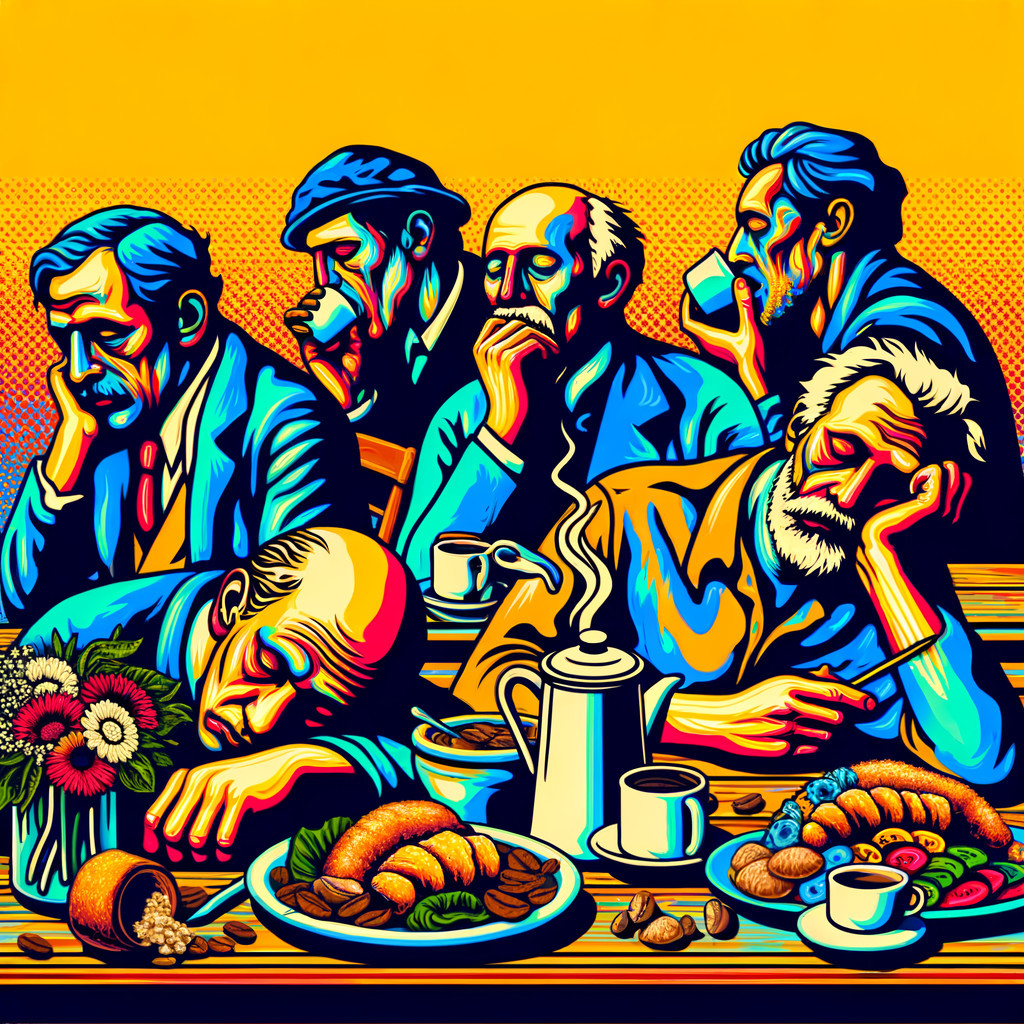 Group of Men Contemplating at a Table of Pastries