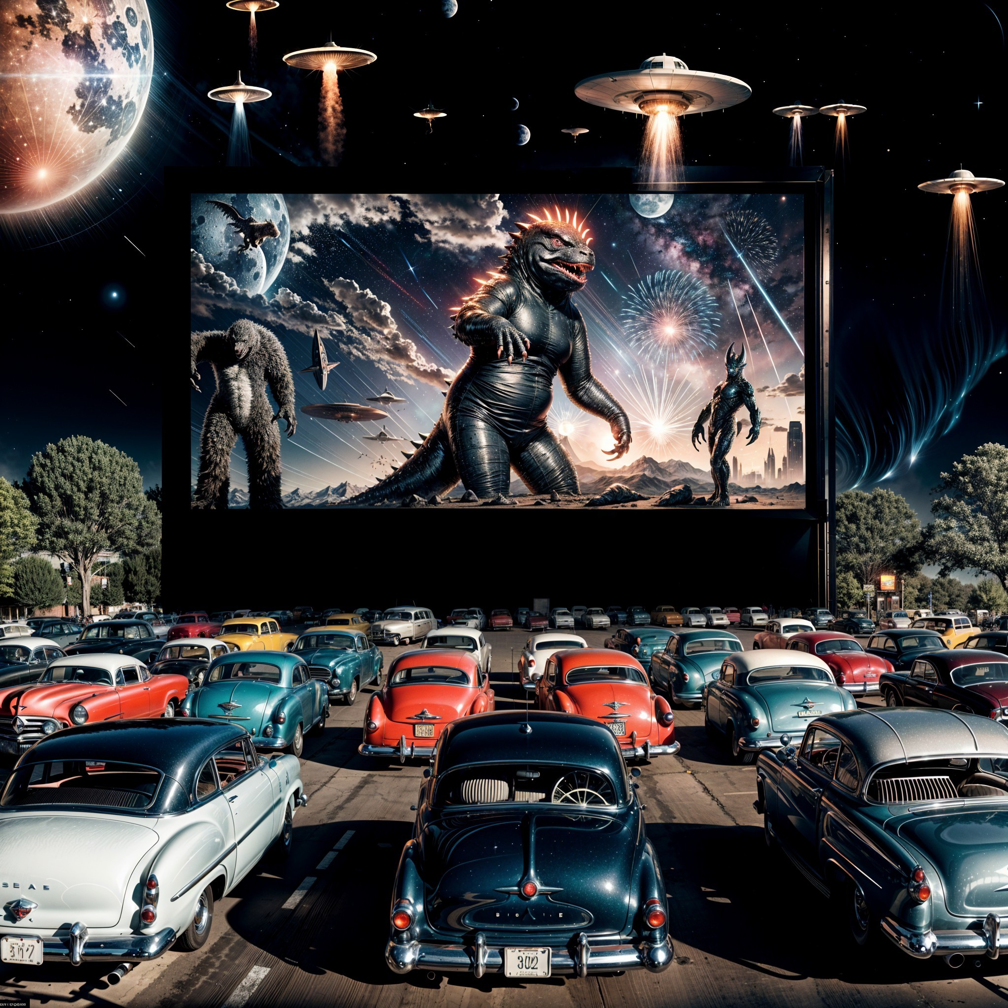 Classic Cars at a Drive-In Theater with Sci-Fi Movie