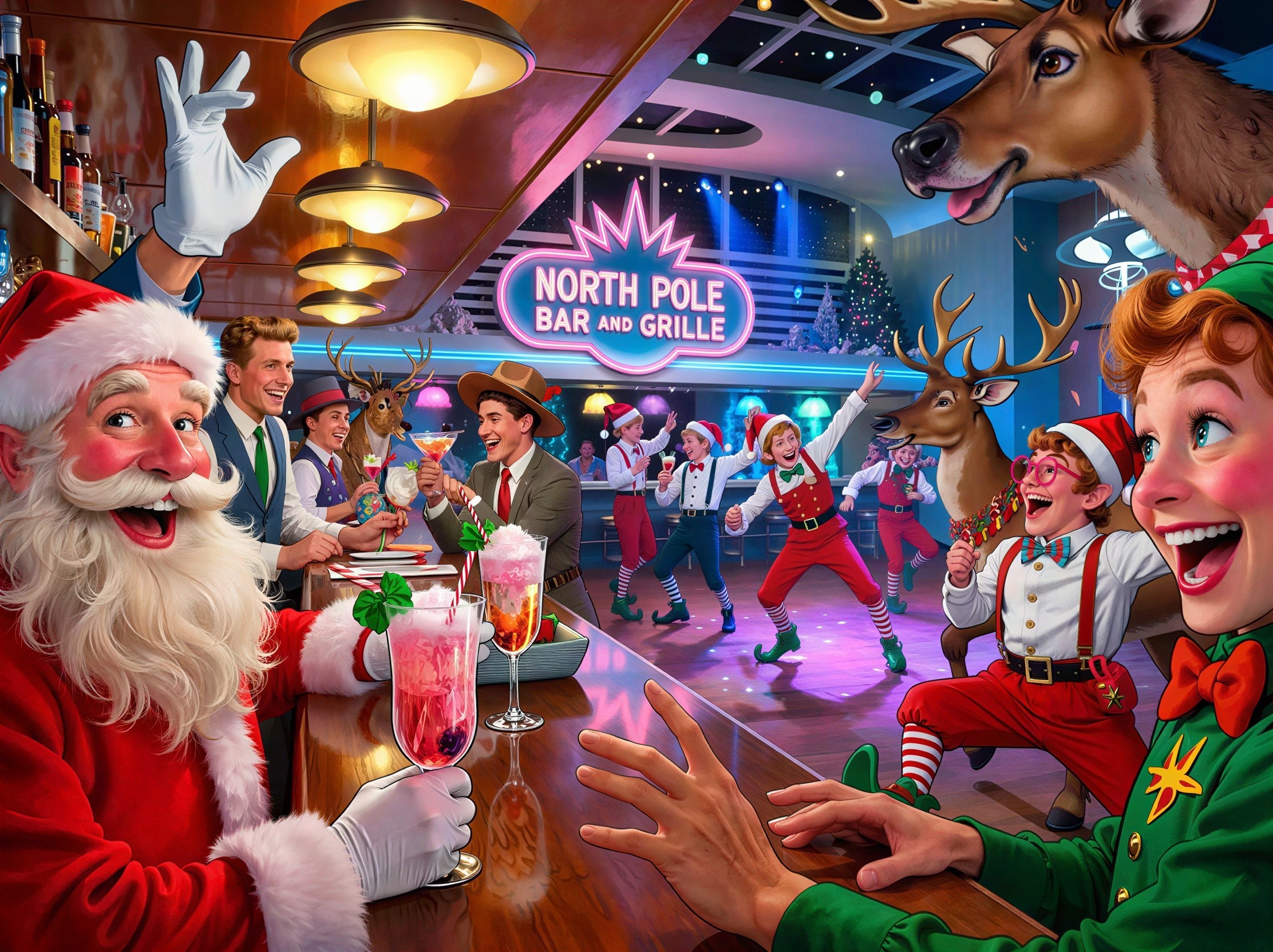 Festive Scene at North Pole Bar with Santa Claus
