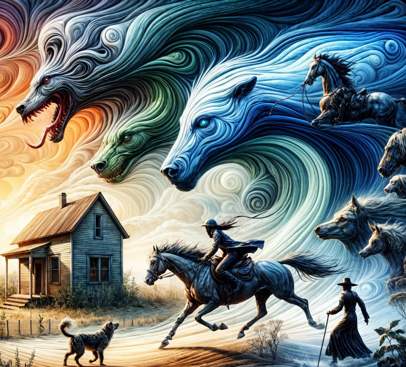 Vibrant Scene of Rider, Horse, and Ethereal Wolves