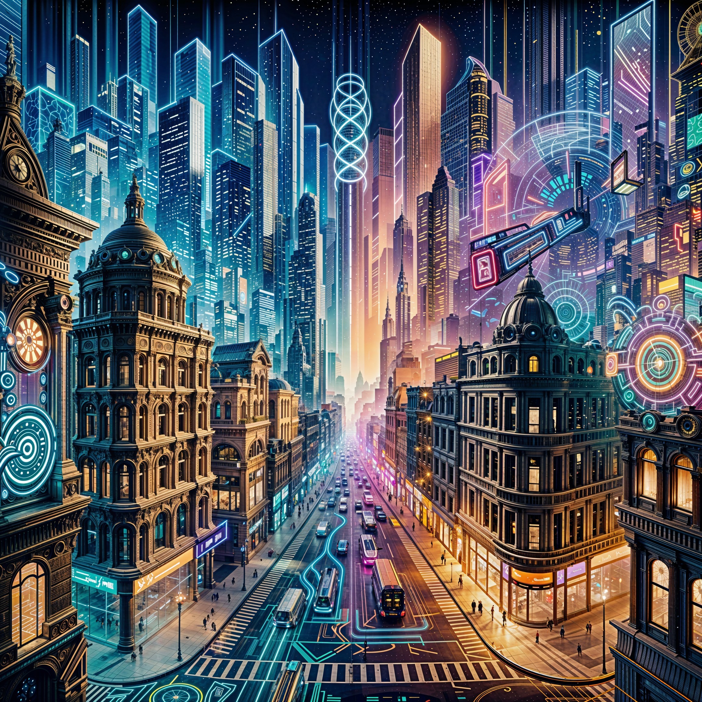 Futuristic Cityscape with Neon Lights and Skyscrapers