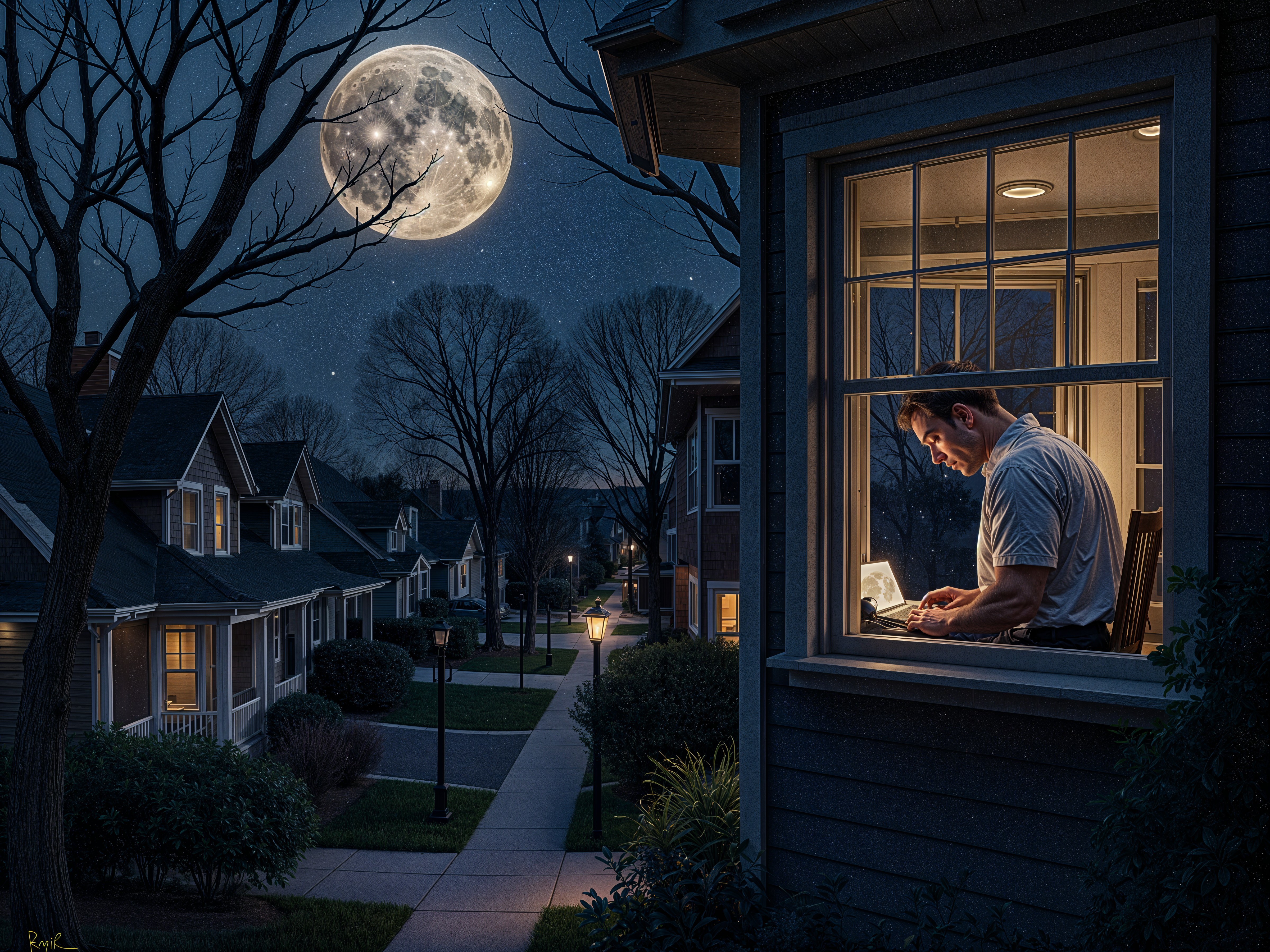 Young man at desk by window in moonlit neighborhood