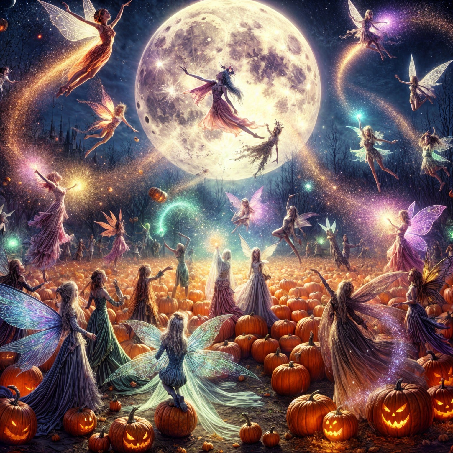 Moonlit Night with Fairies and Glowing Pumpkins