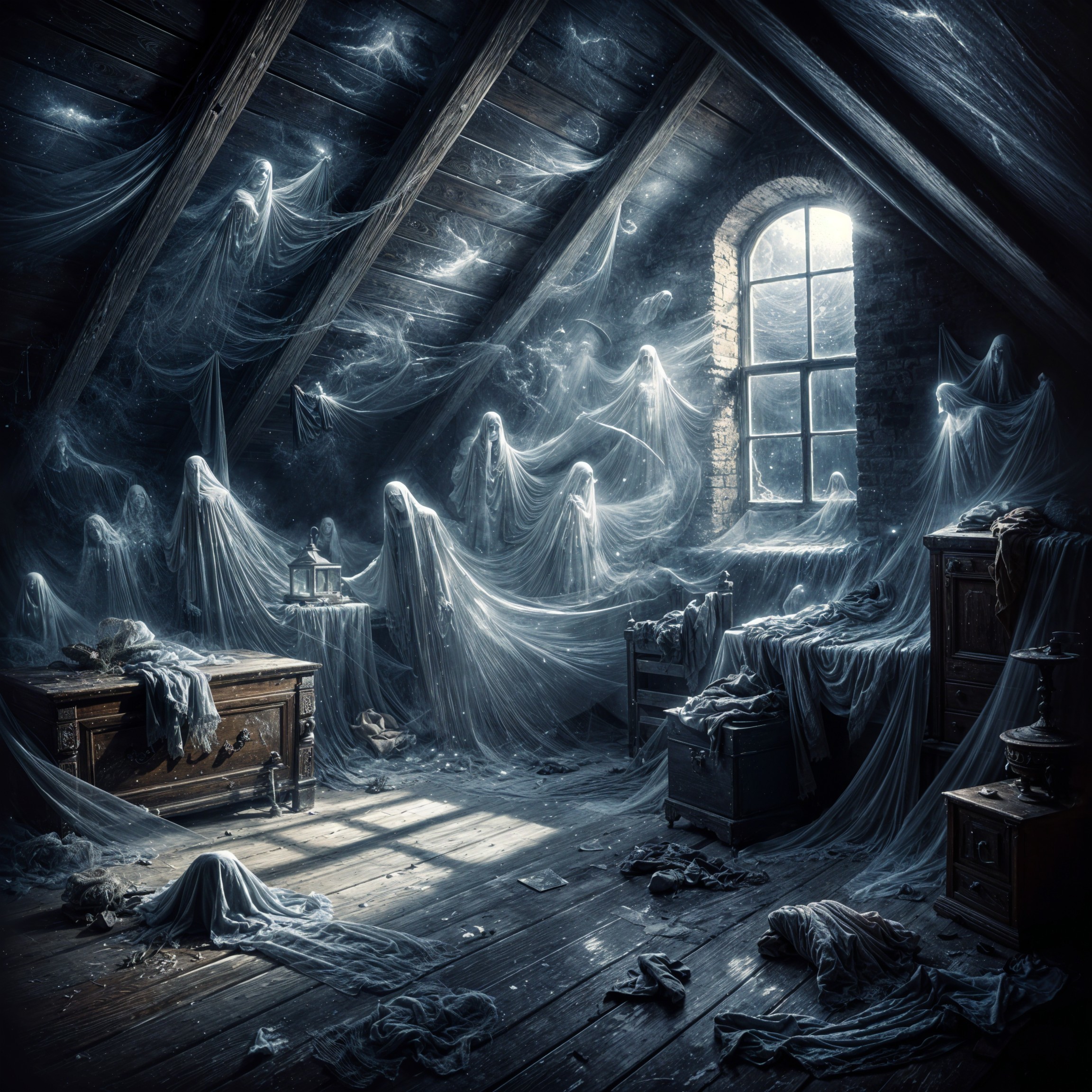 Ethereal Figures in a Dimly Lit Attic Scene