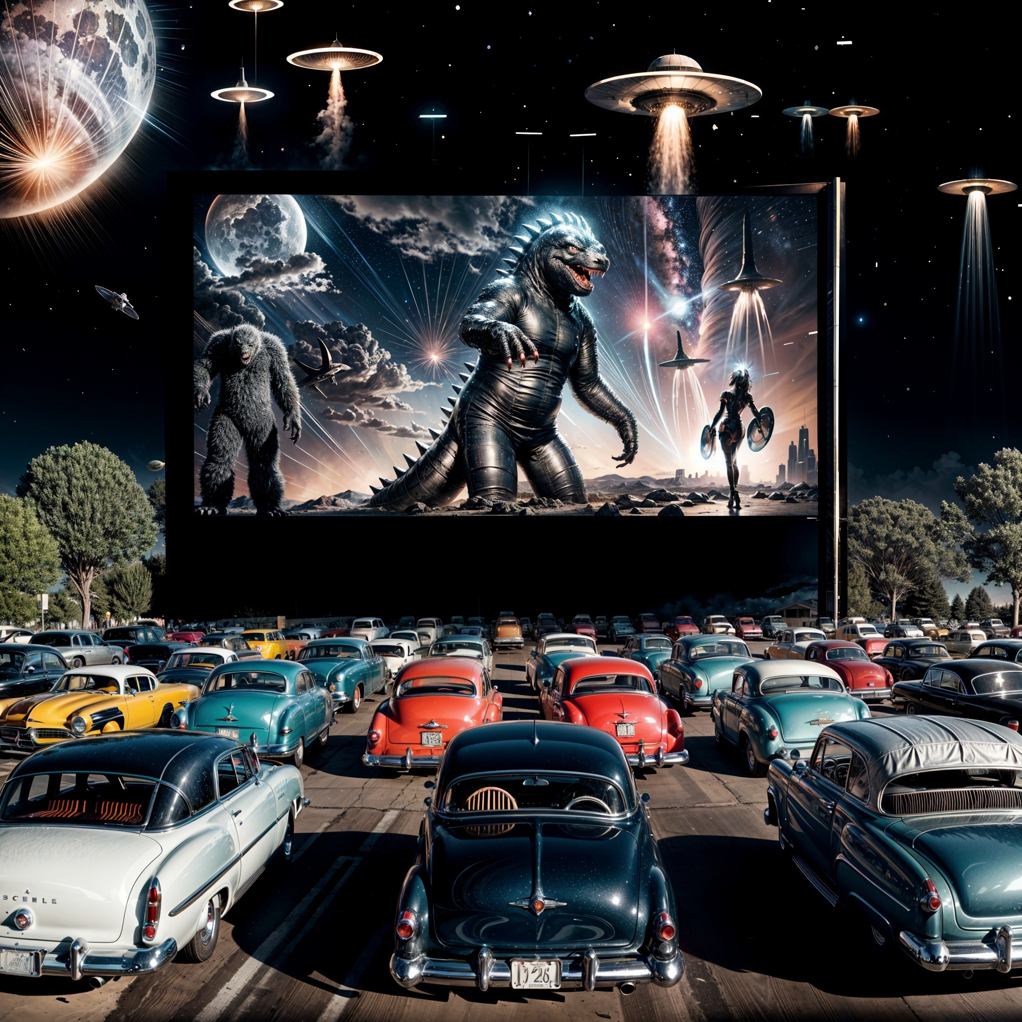 Retro Drive-In Theater with Classic Cars and Monsters