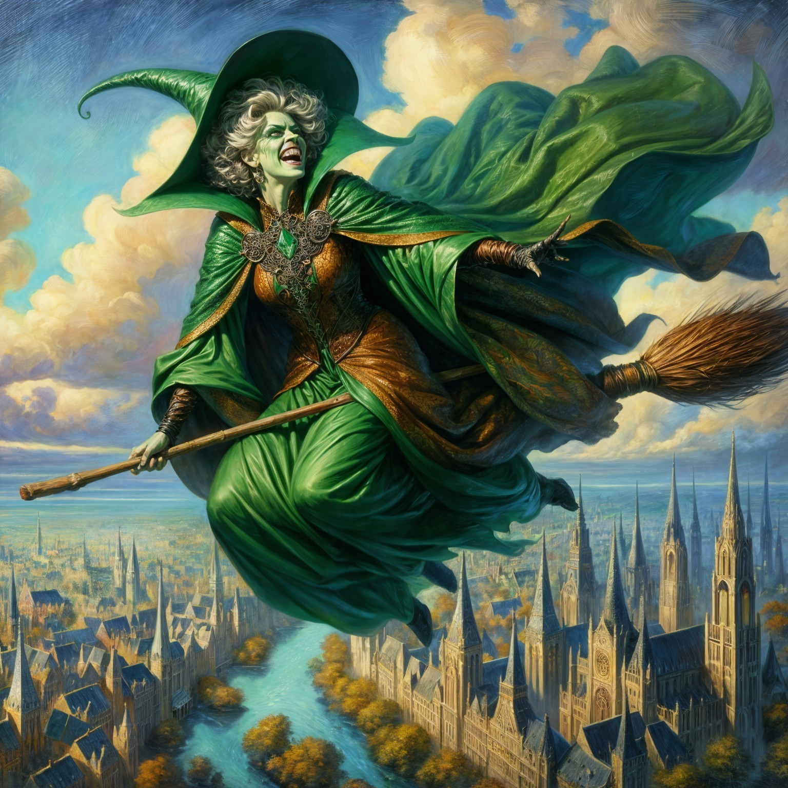 Whimsical Witch Flying Over Medieval Landscape