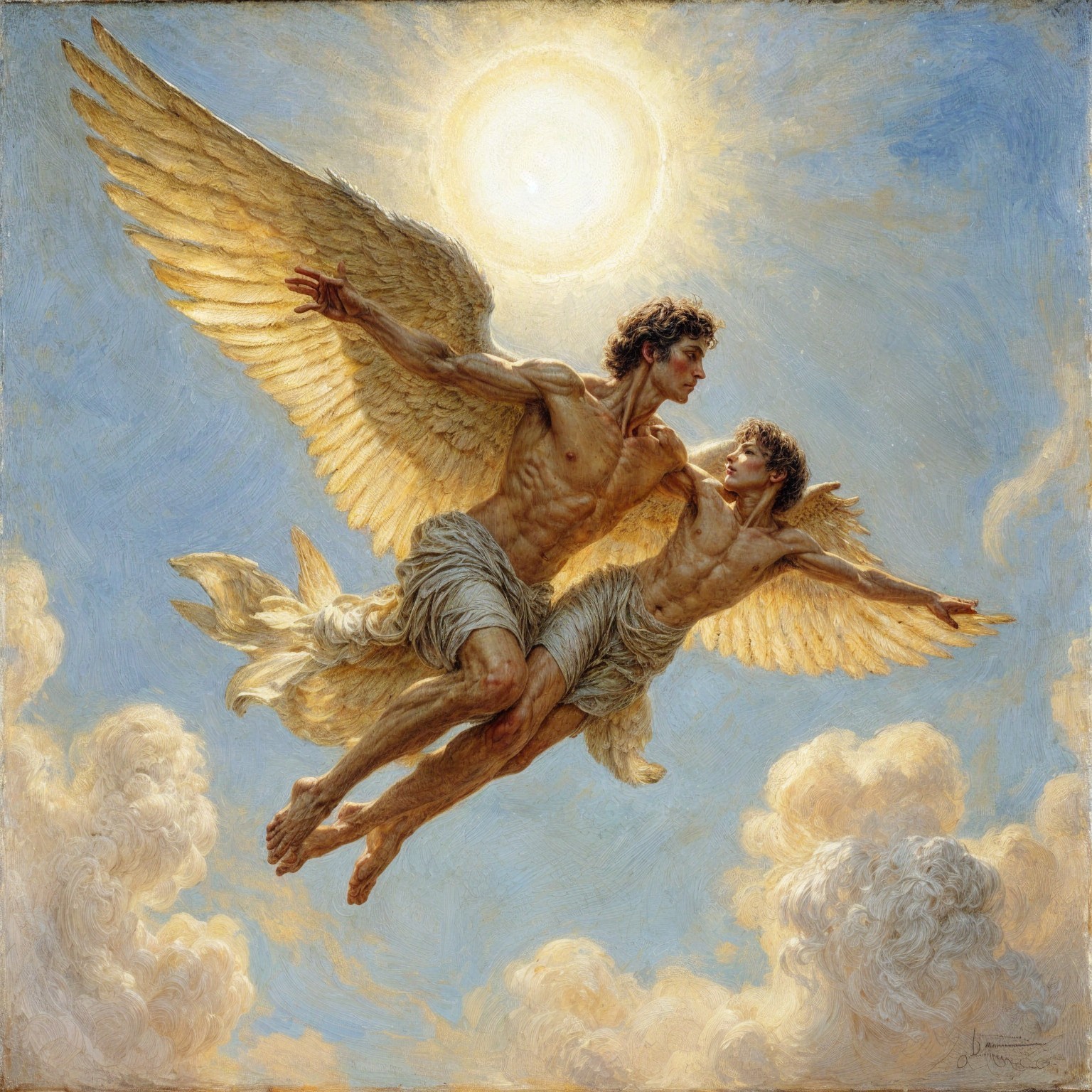 Ethereal Figures with Wings in a Bright Sky