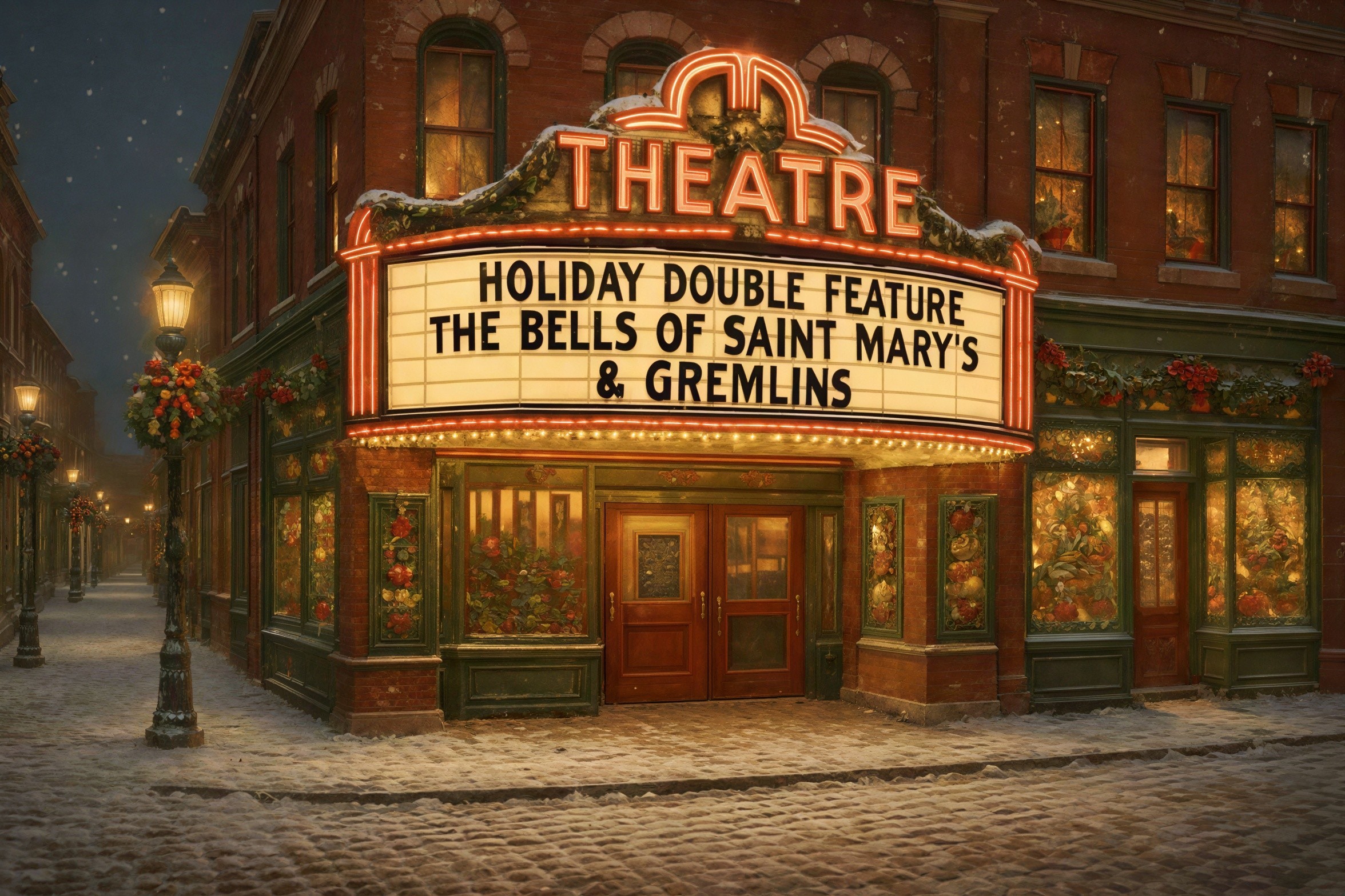 Old-Fashioned Theatre with Holiday Decorations at Night