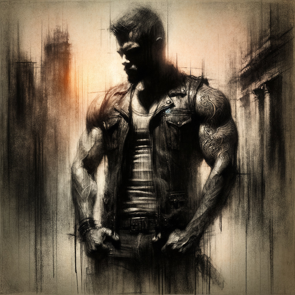 Muscular Figure in Dark Atmosphere with Tattoos
