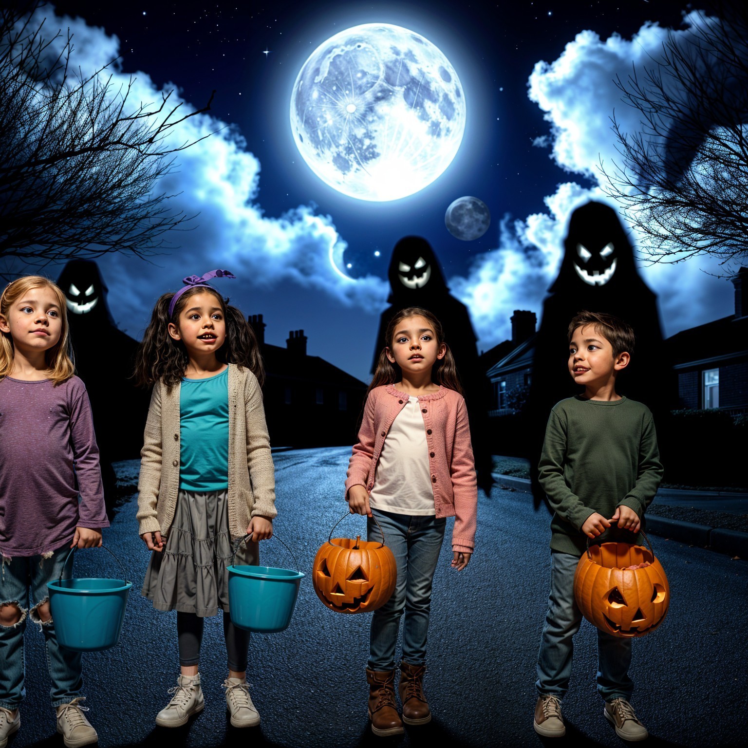 Children in Halloween costumes on a dimly lit street