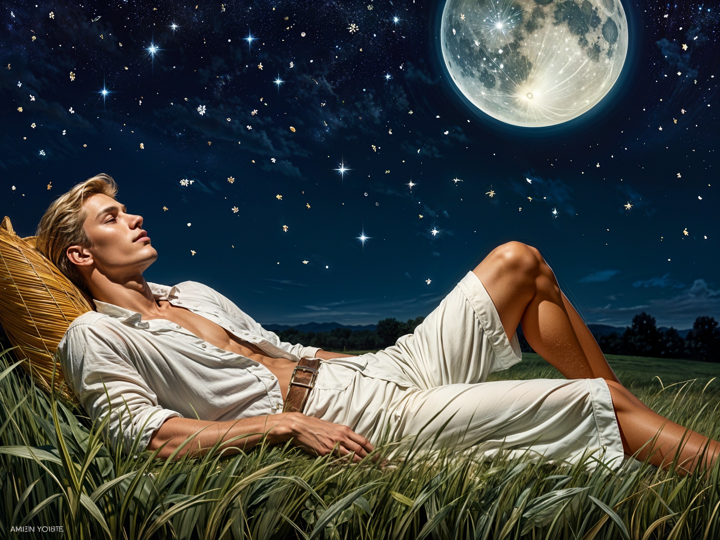 Young man gazing at moon and stars in serene field