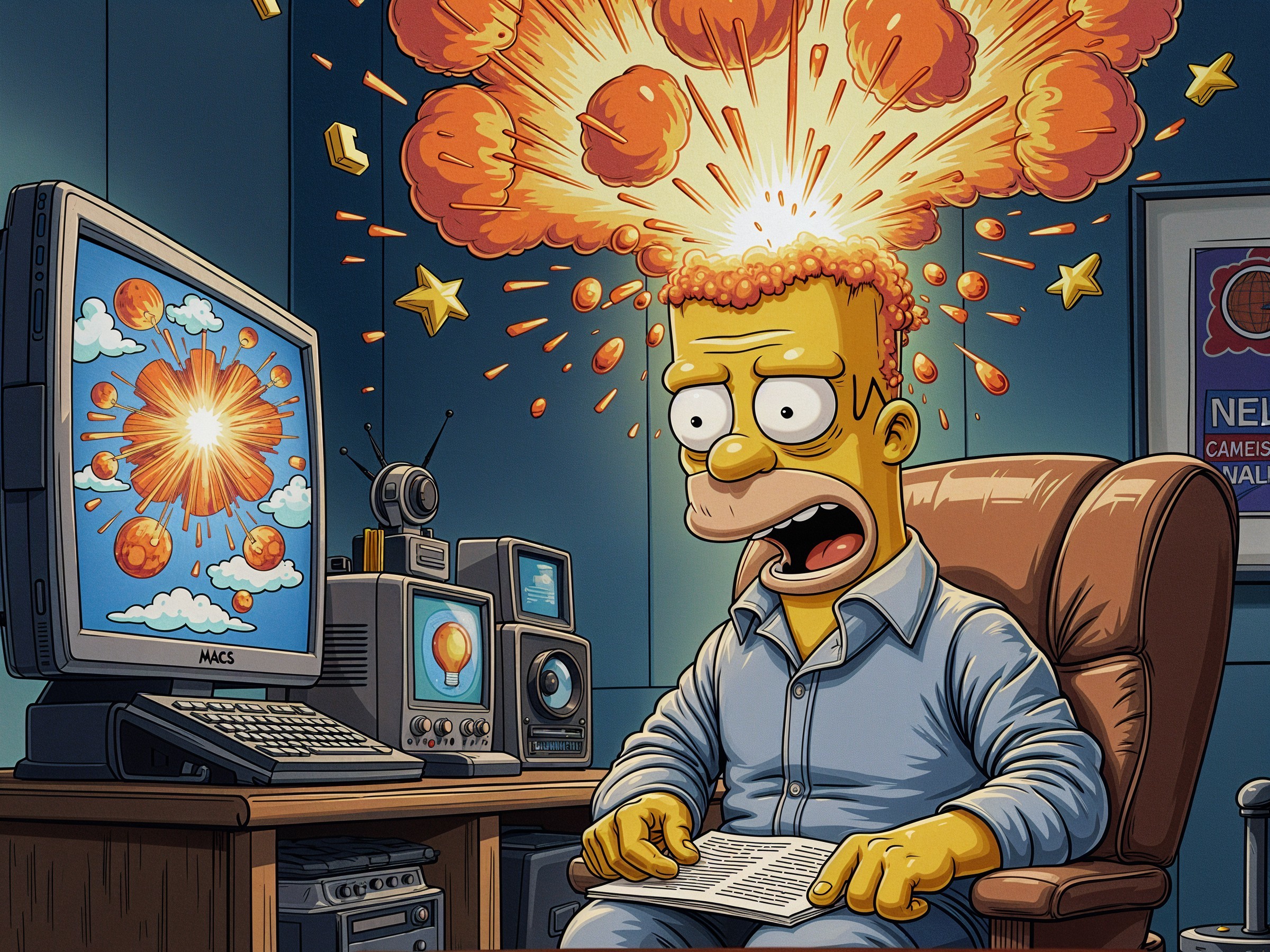 Cartoon Character with Exploding Head and Retro Gadgets