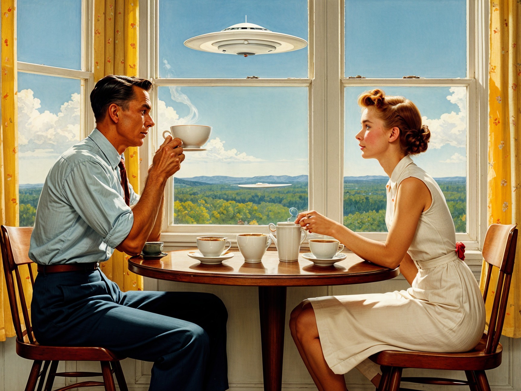 Cozy Café Scene with Flying Saucer Overhead