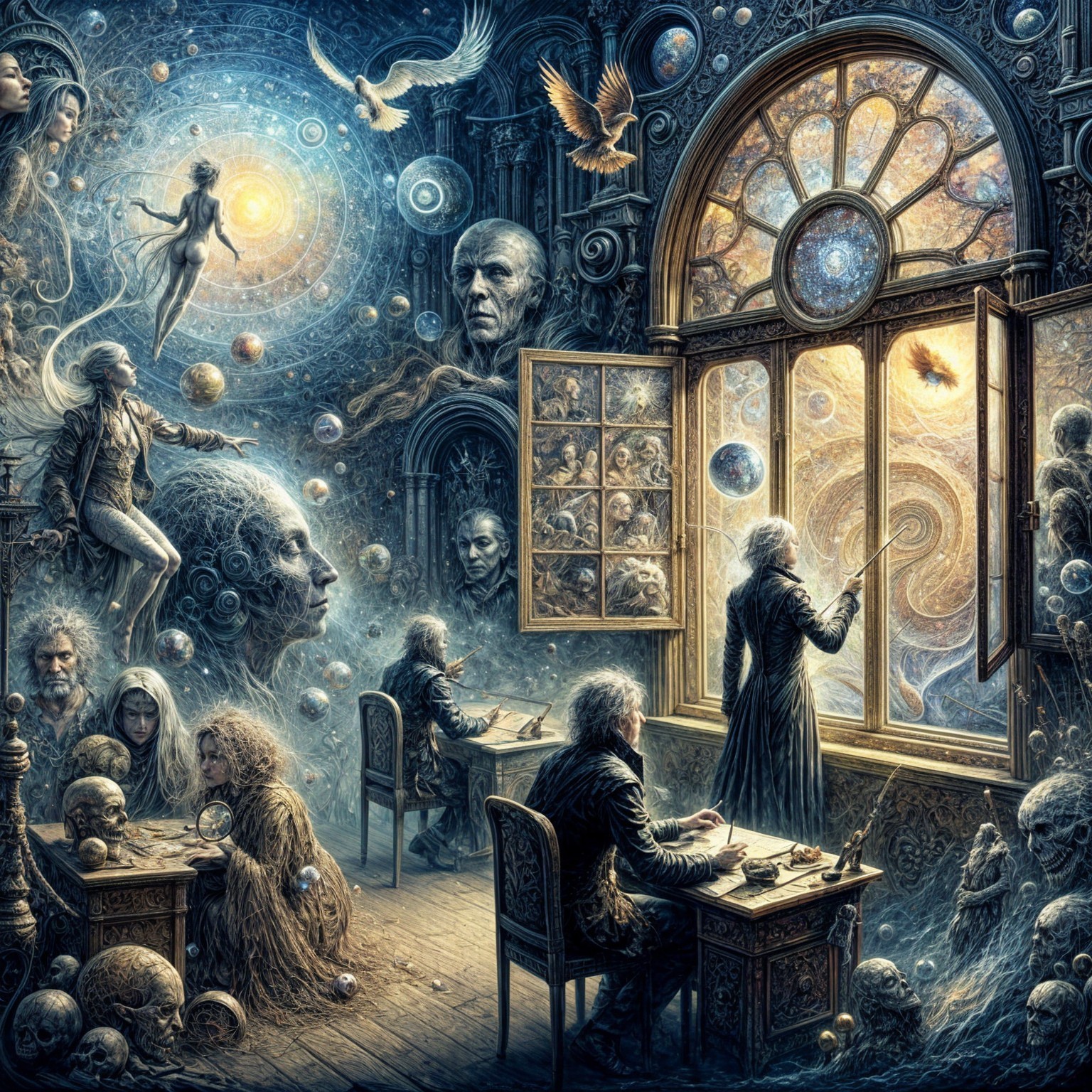 Surreal Room with Cosmic Elements and Ethereal Beings