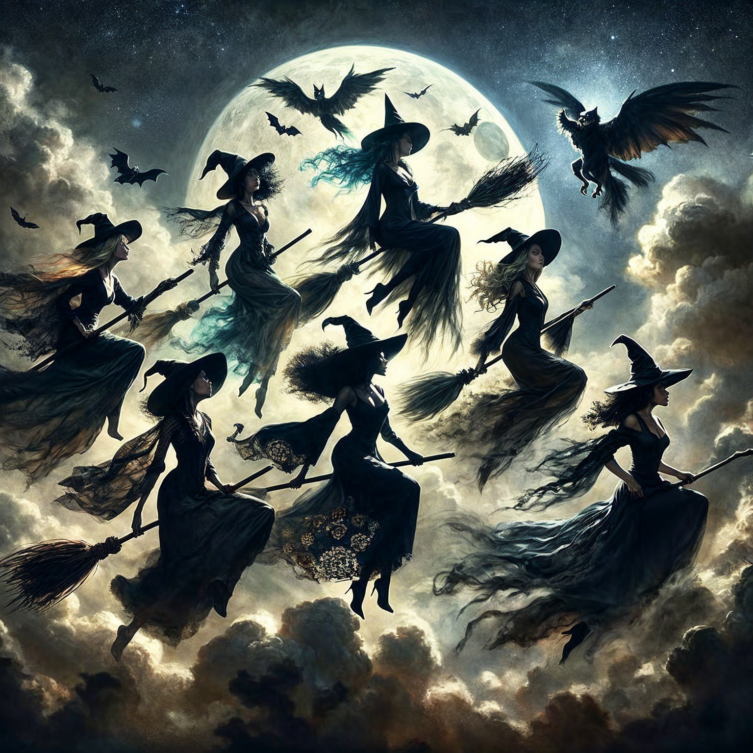 Seven Witches Flying on Broomsticks Under a Full Moon