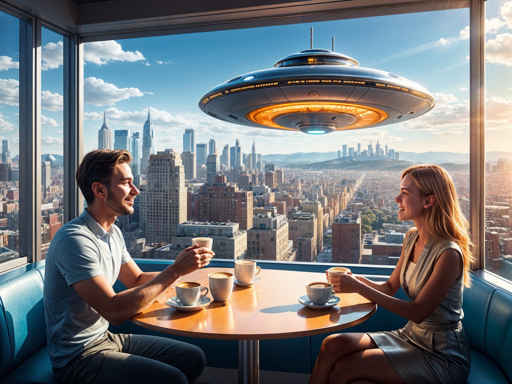 Futuristic Café Scene with Skyline and UFO