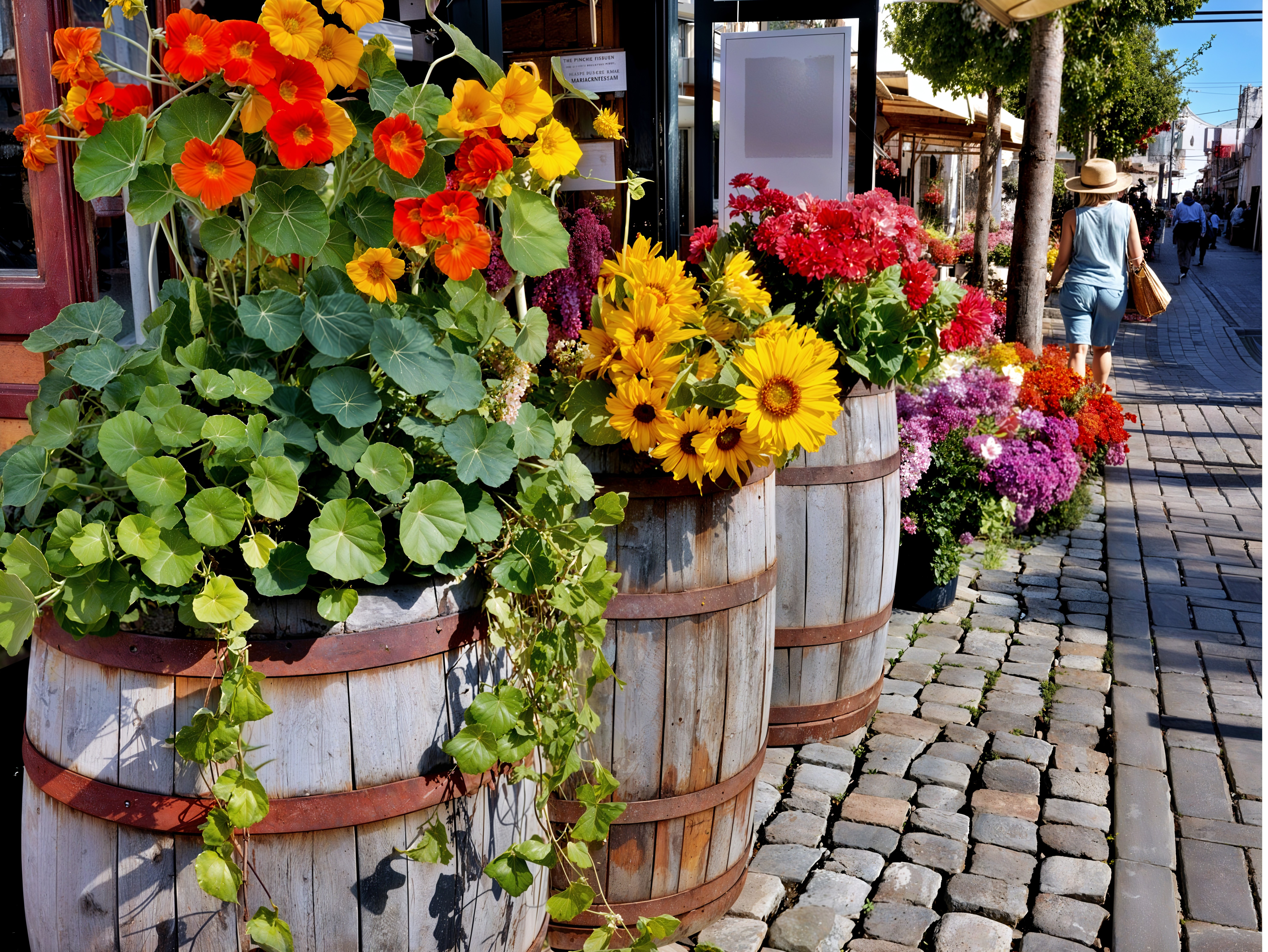 Colorful Floral Display in Wooden Barrels on Cobblestone Street