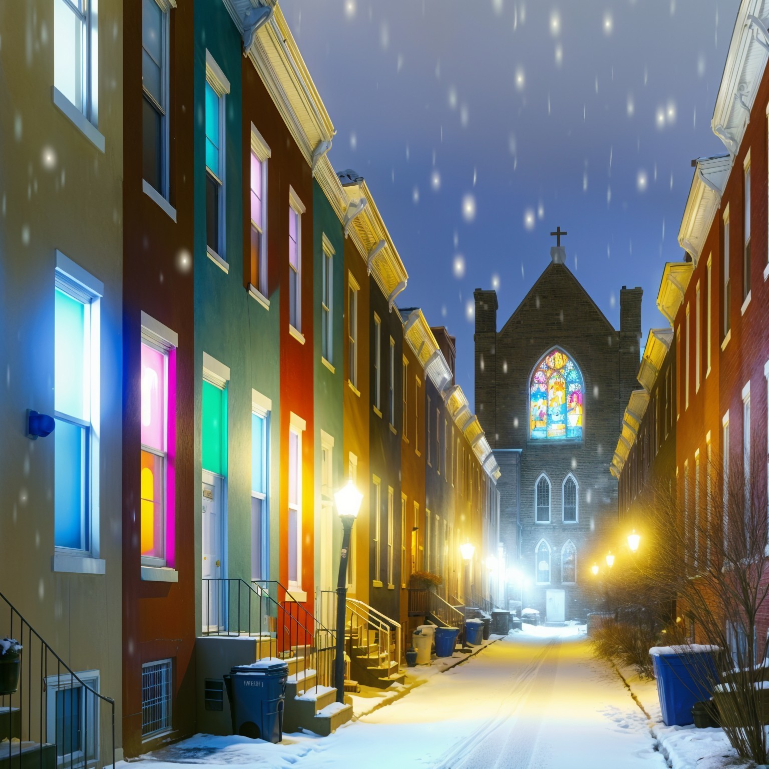 Snowy Alleyway with Colorful Row Houses and Church