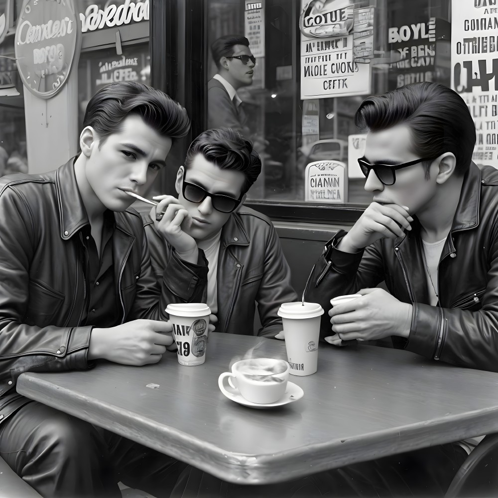 Stylish Young Men at Café with Vintage 1950s Vibe