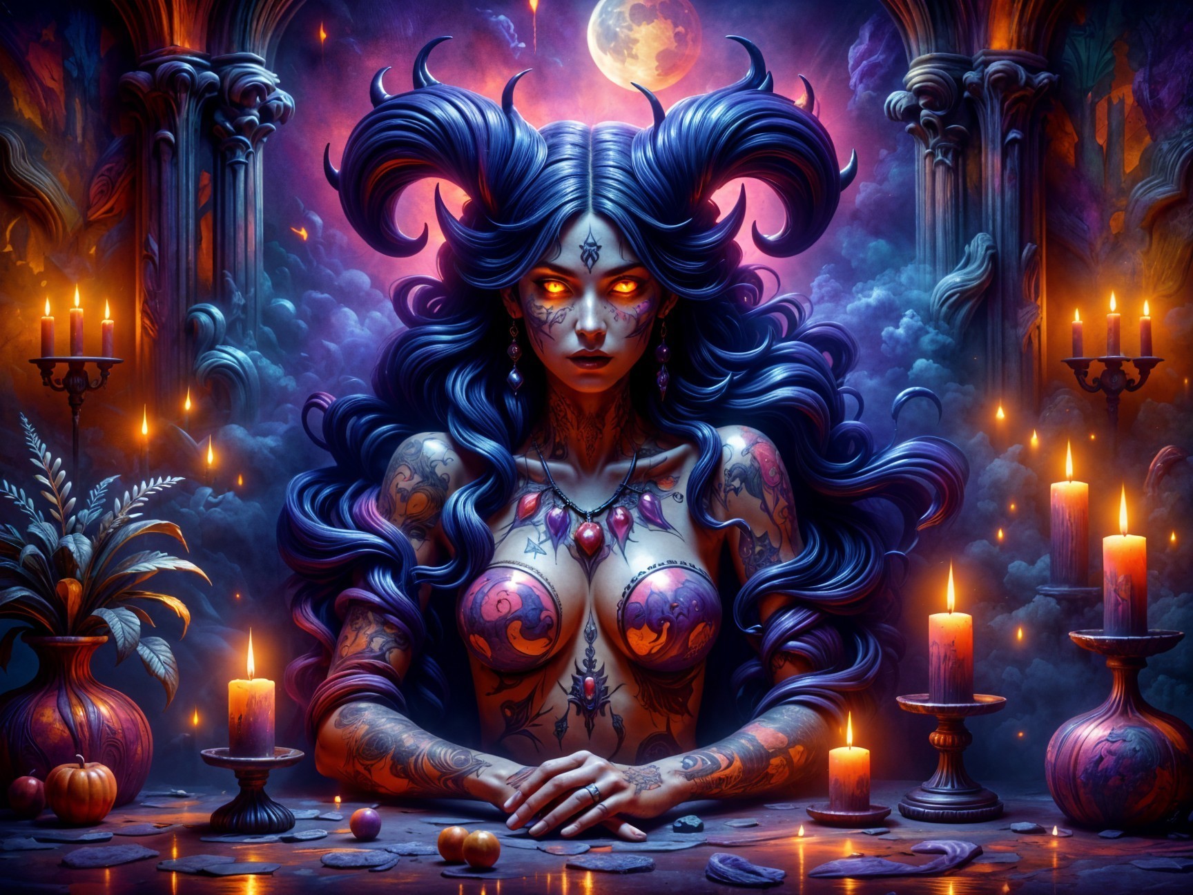 Mystical Figure at Candlelit Altar with Nature Elements