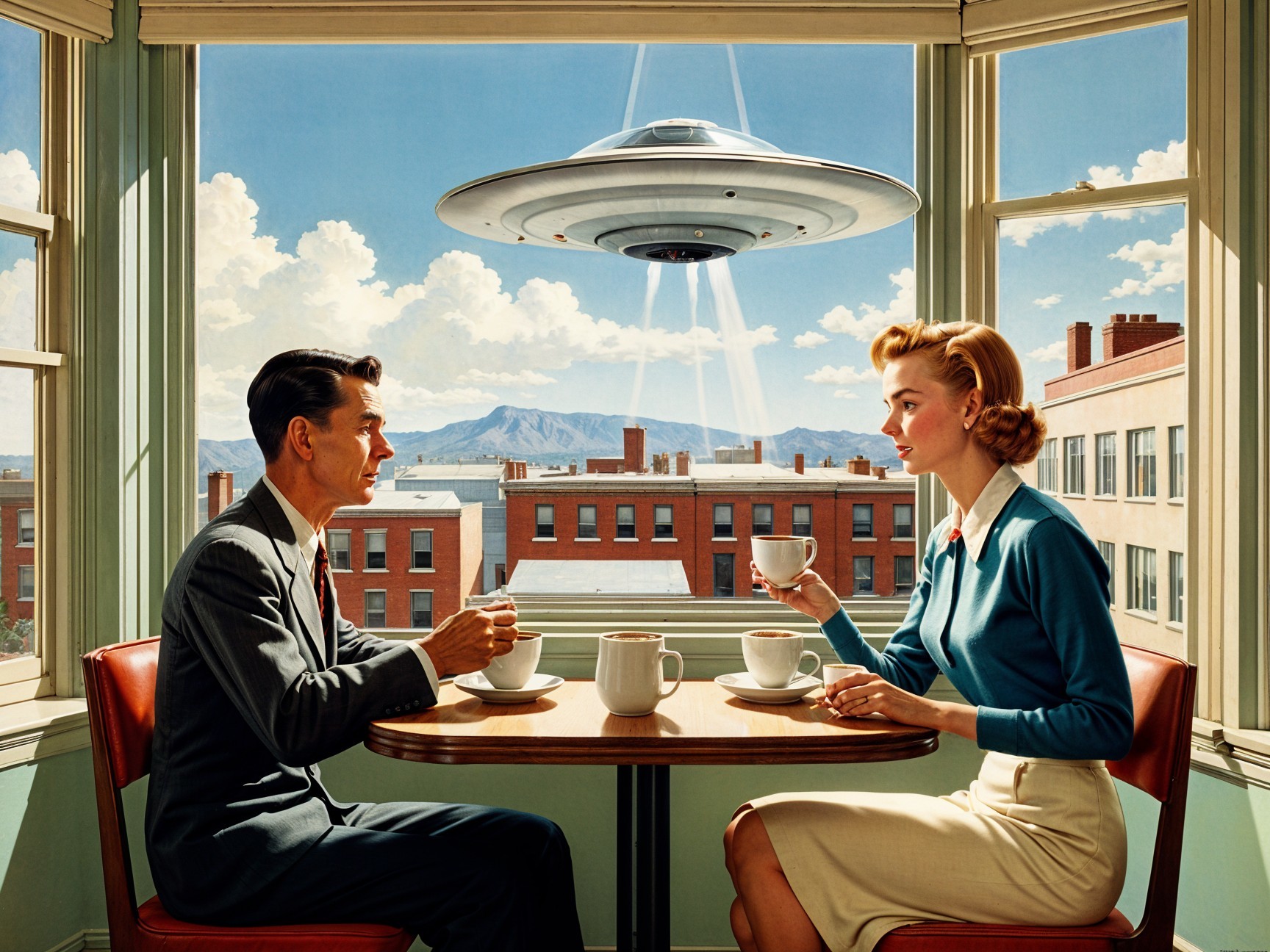 Retro Café Scene with UFO Over City Skyline