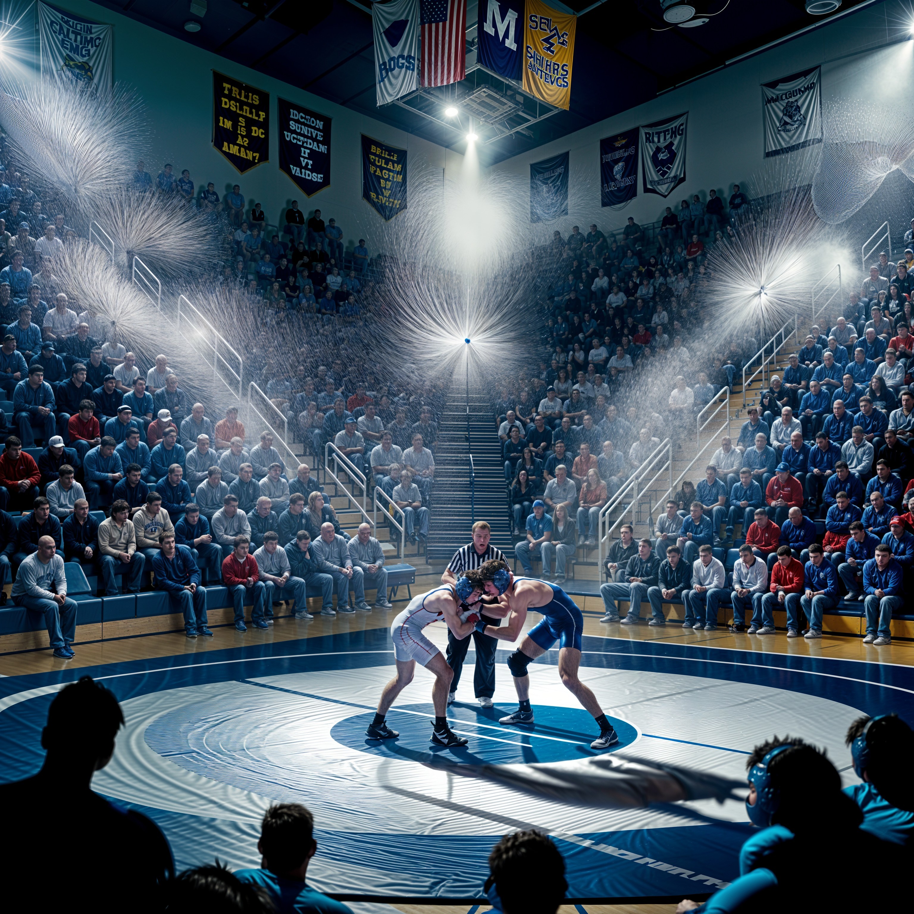 Wrestlers Compete in Packed Gymnasium Under Bright Lights