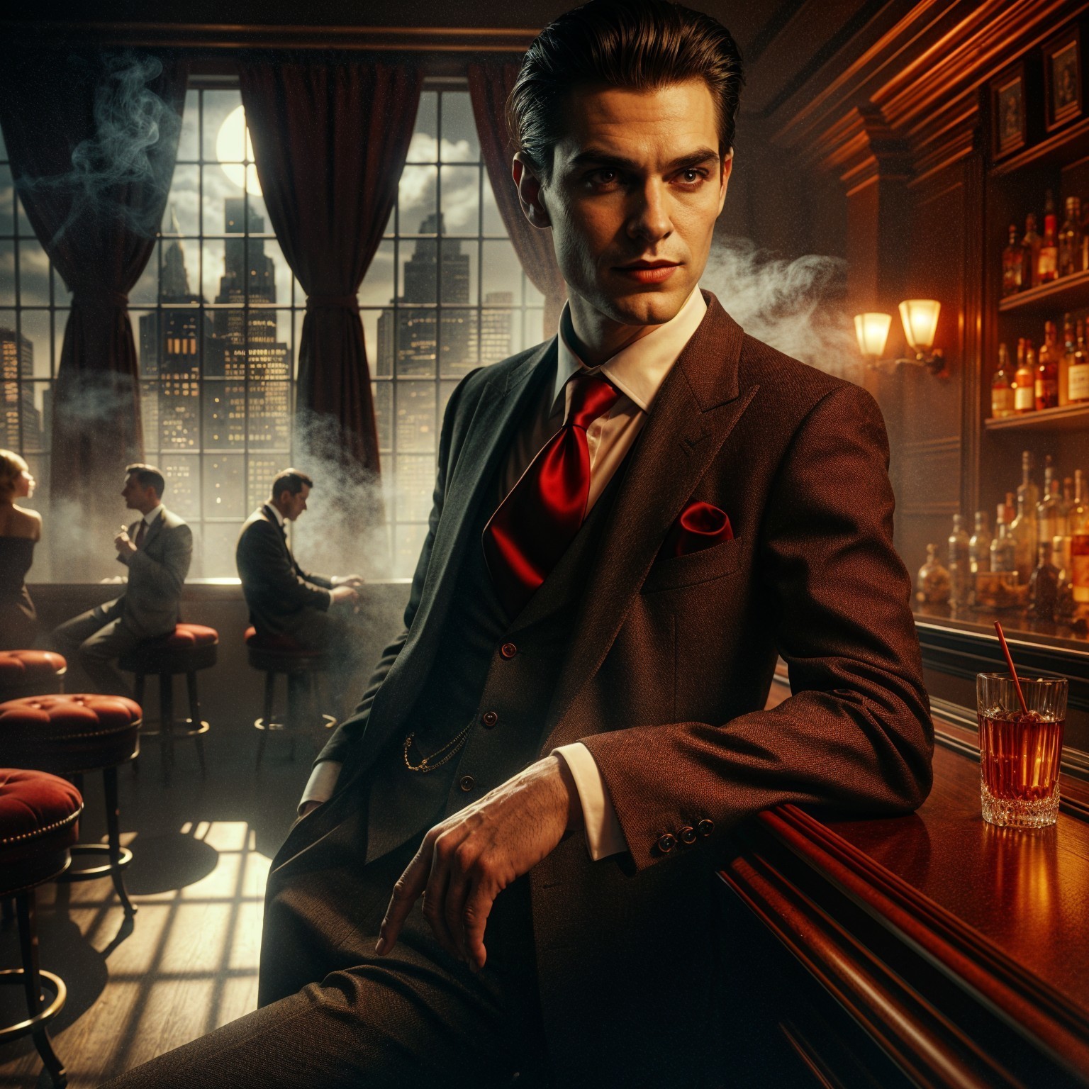 Upscale Bar Scene with City Skyline and Patrons