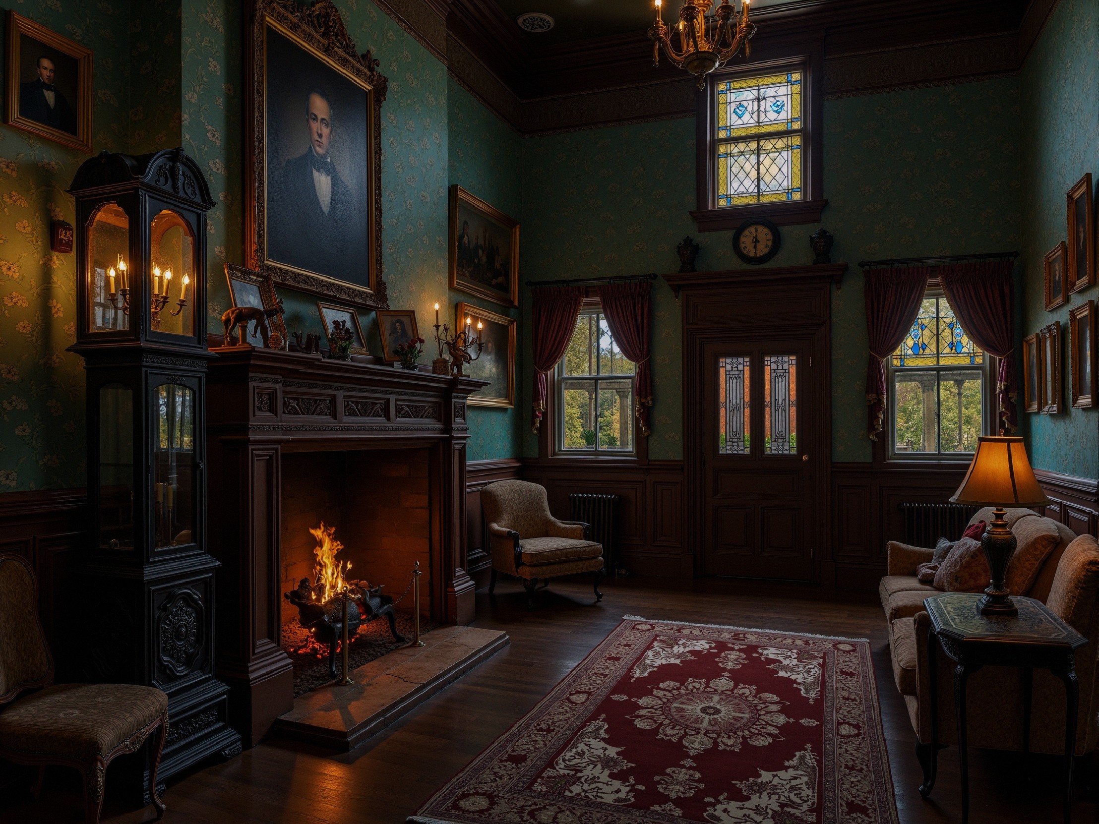 Classic Elegant Room with Blue Wallpaper and Fireplaces