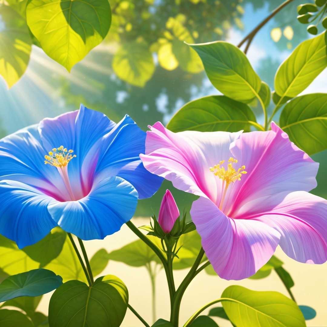 Vibrant Flowers in Blue and Pink with Green Leaves