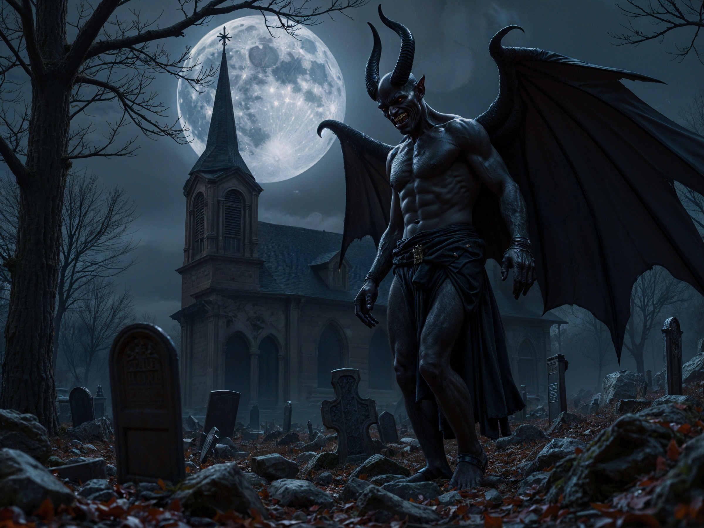 Muscular demon in misty graveyard with tombstones