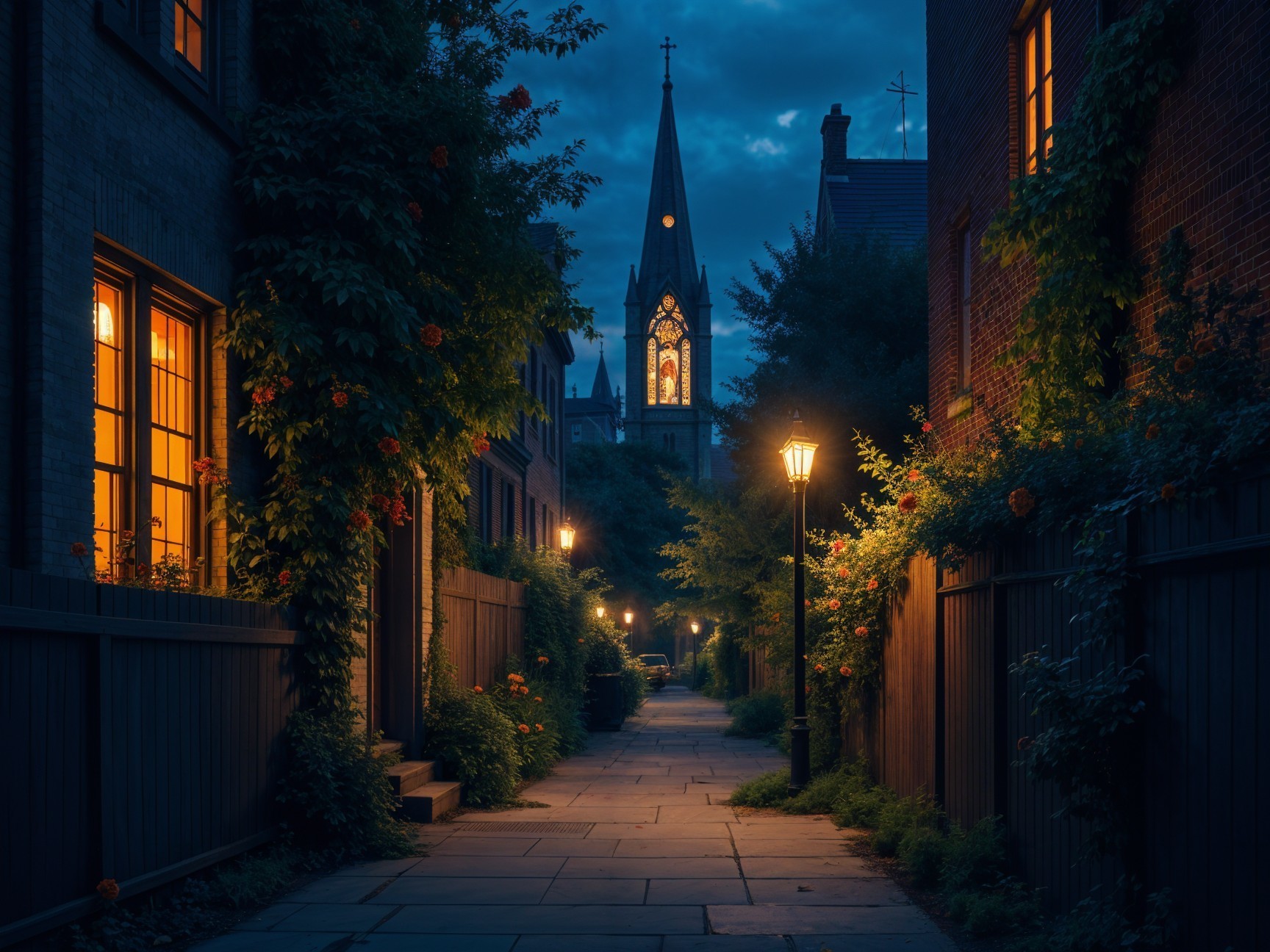 Serene Alleyway with Warm Lights and Lush Greenery